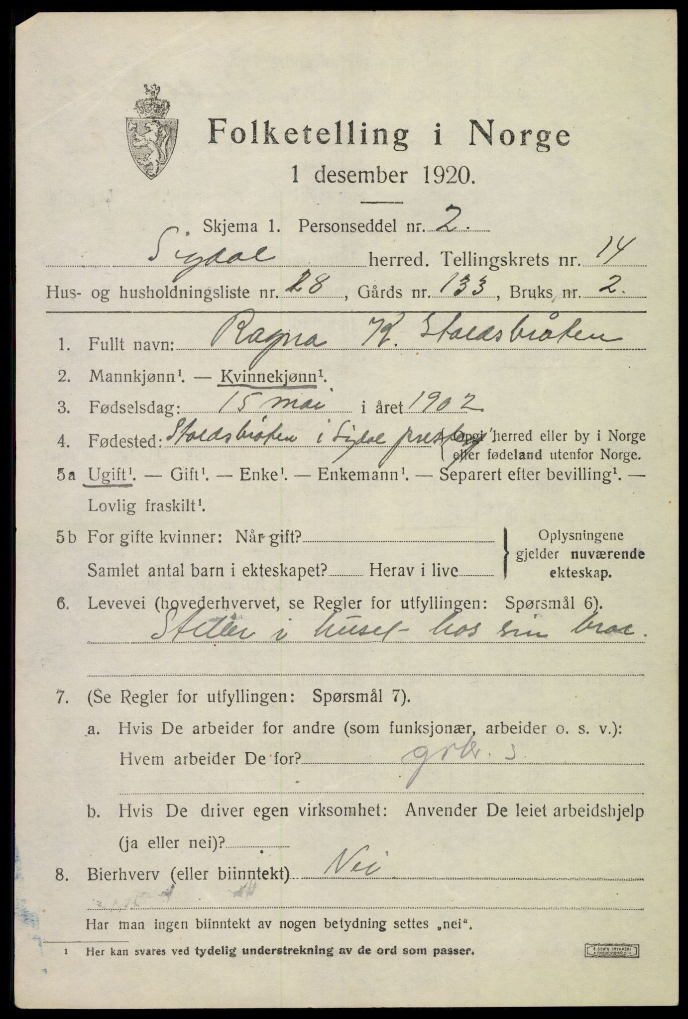 SAKO, 1920 census for Sigdal, 1920, p. 8910