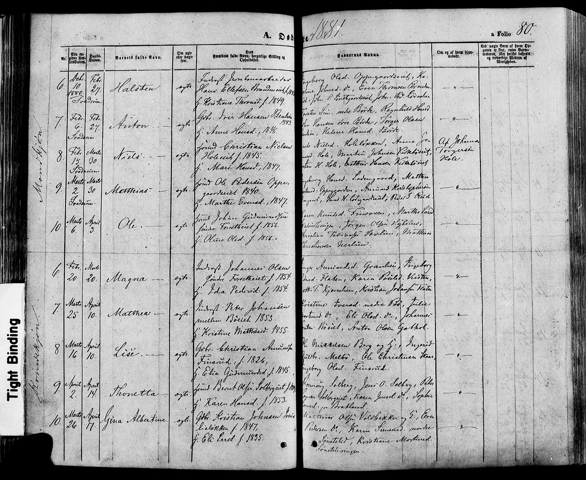 Gausdal prestekontor, SAH/PREST-090/H/Ha/Haa/L0010: Parish register (official) no. 10, 1867-1886, p. 80