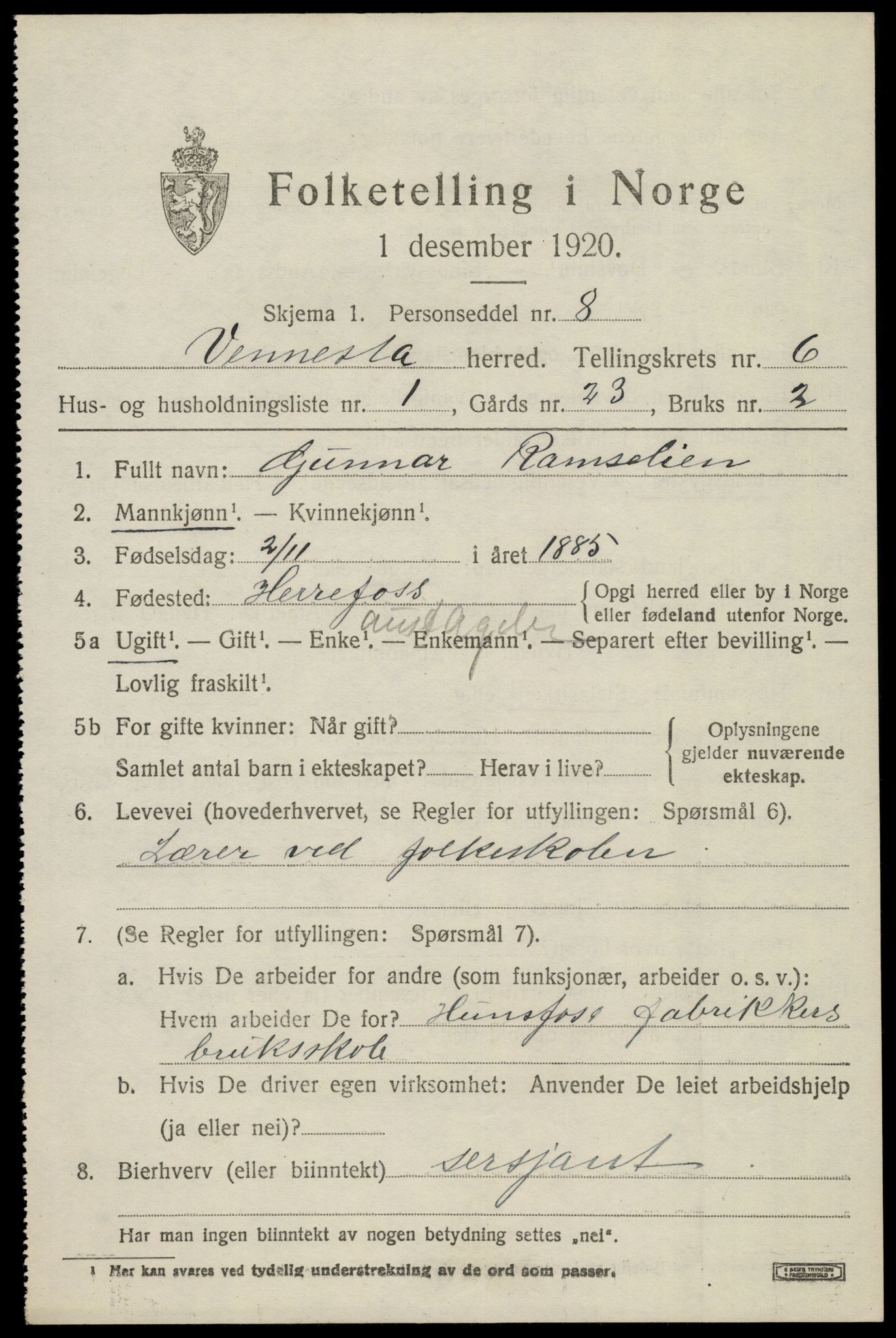 SAK, 1920 census for Vennesla, 1920, p. 4316