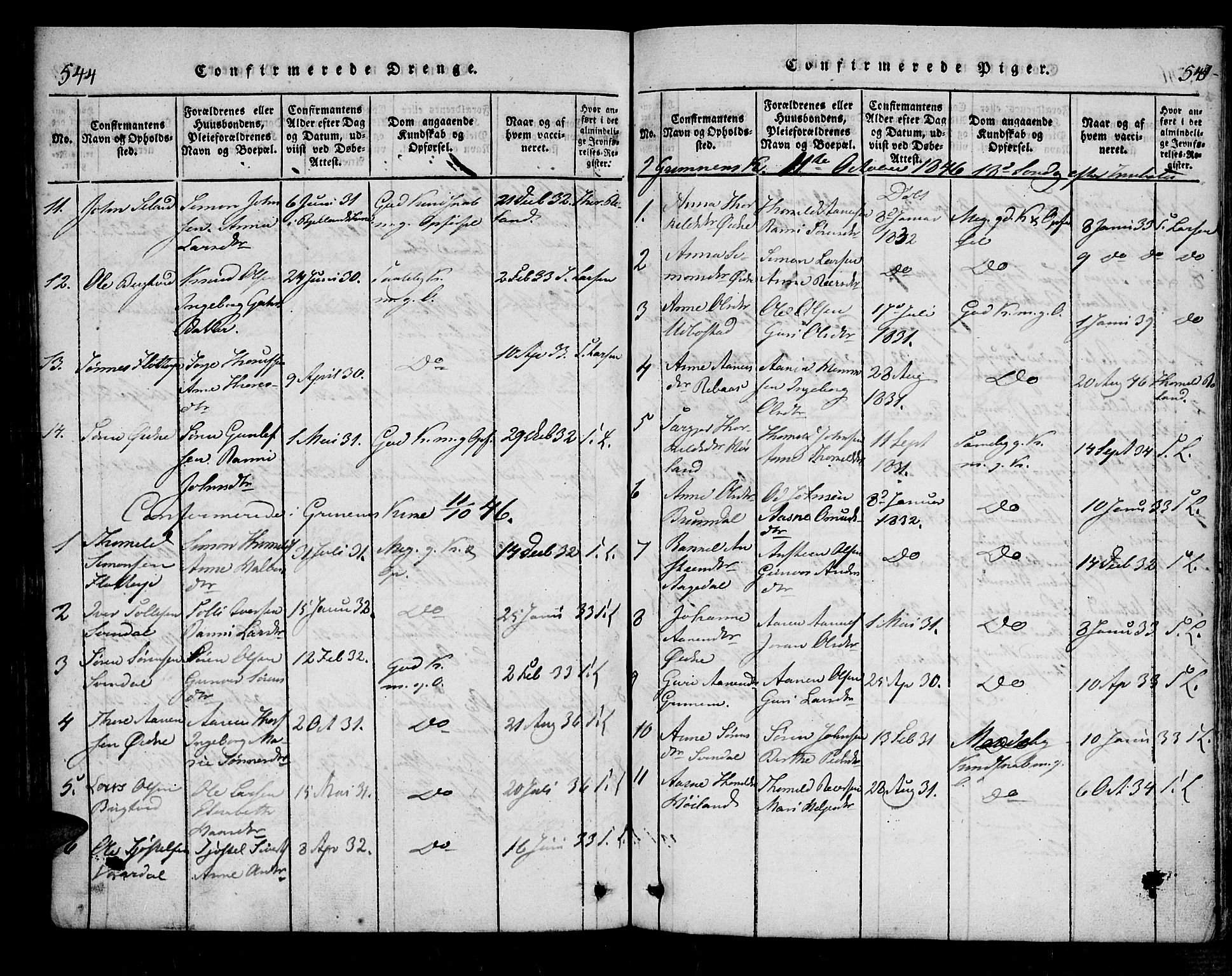 Bjelland sokneprestkontor, SAK/1111-0005/F/Fa/Fac/L0001: Parish register (official) no. A 1, 1815-1866, p. 544-545