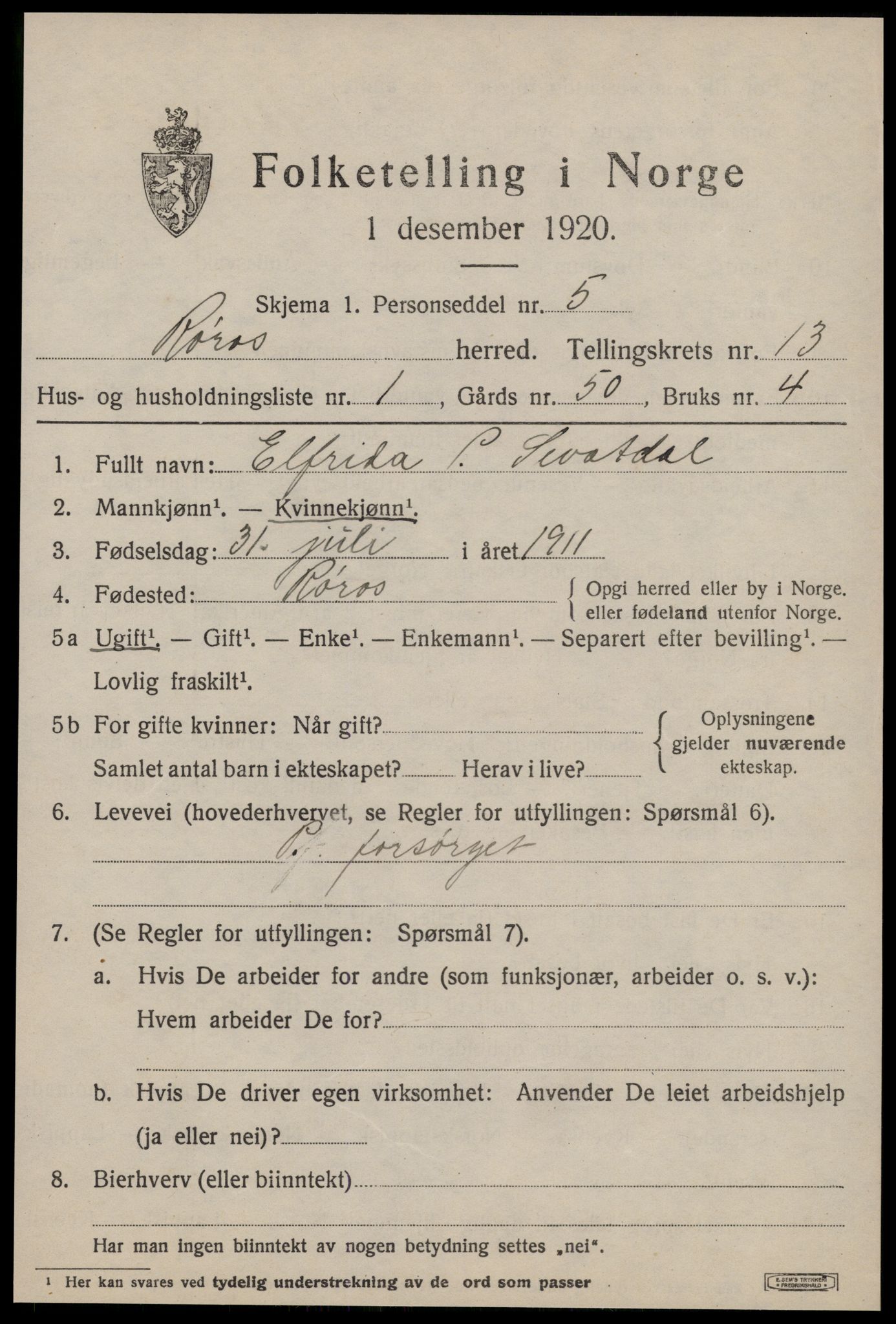 SAT, 1920 census for Røros, 1920, p. 9372