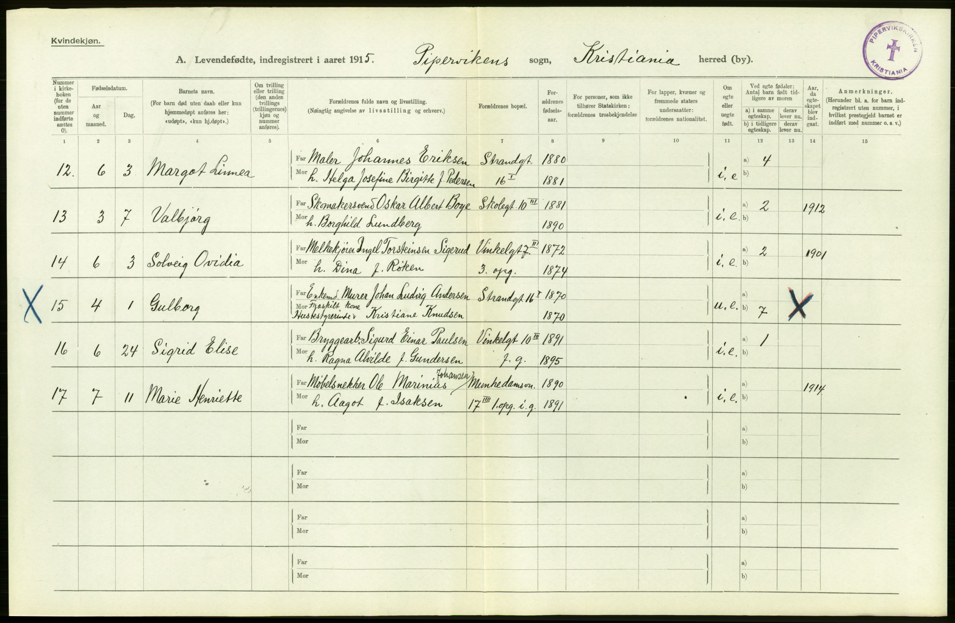 Statistisk sentralbyrå, Sosiodemografiske emner, Befolkning, RA/S-2228/D/Df/Dfb/Dfbe/L0006: Kristiania: Levendefødte menn og kvinner., 1915, p. 306