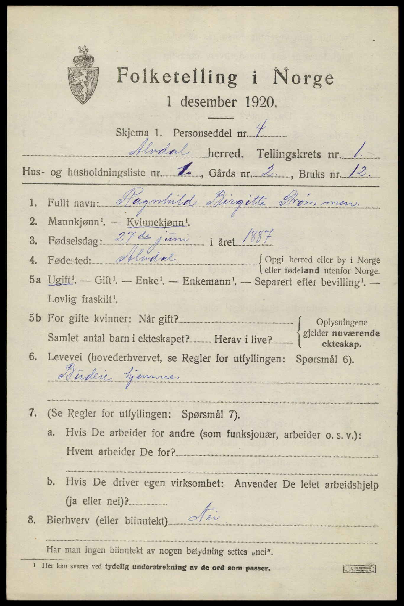 SAH, 1920 census for Alvdal, 1920, p. 900