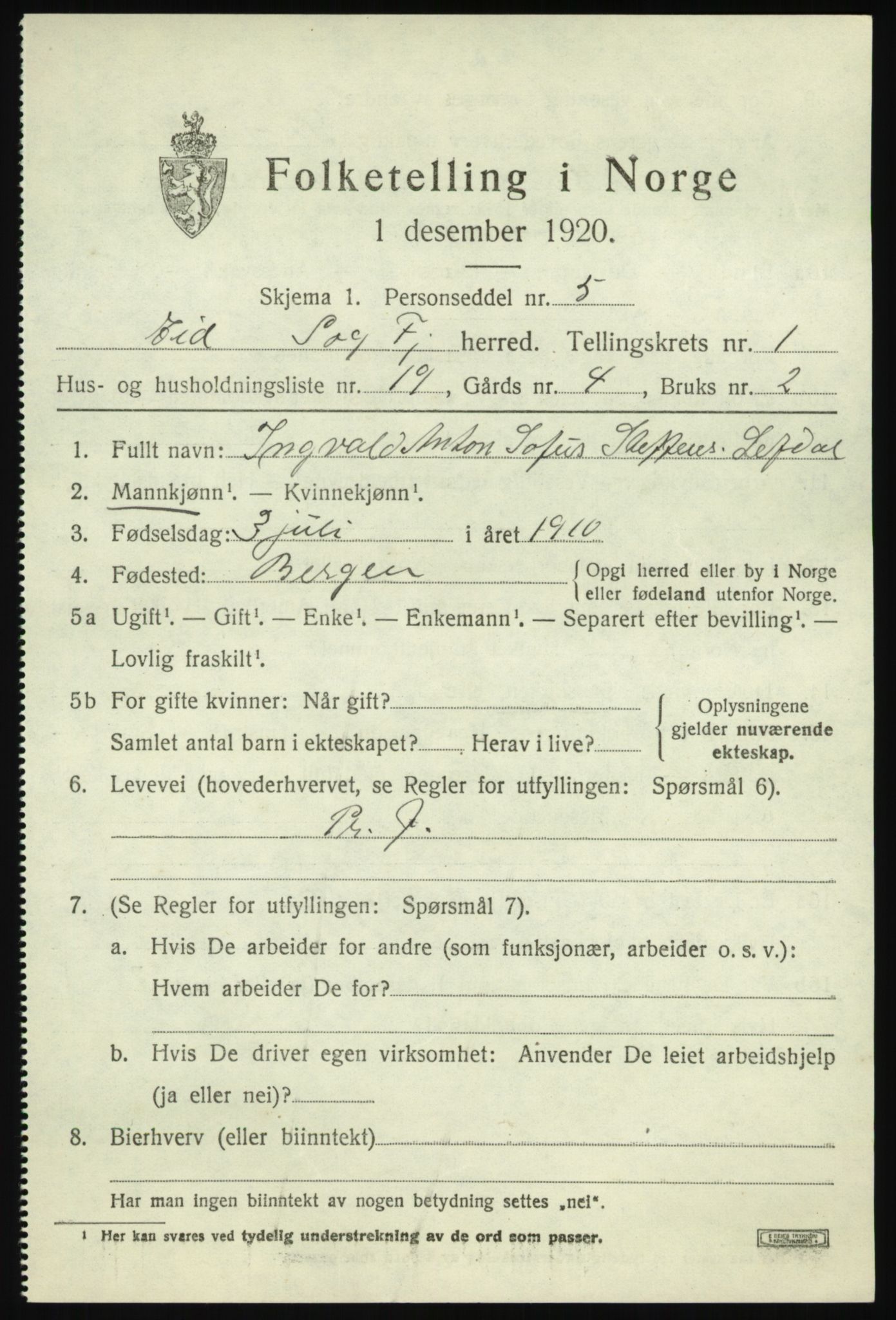 SAB, 1920 census for Eid, 1920, p. 1424