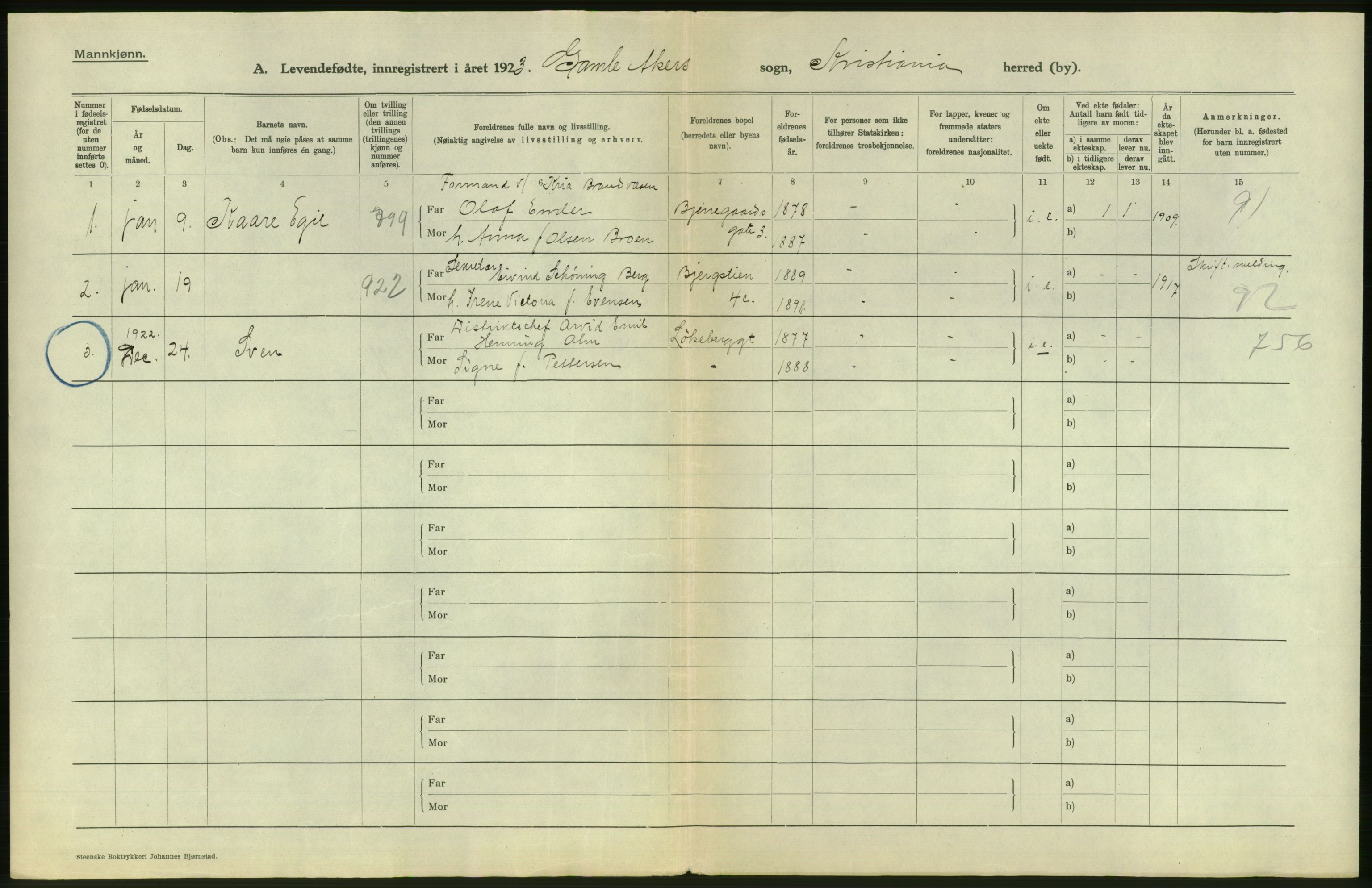 Statistisk sentralbyrå, Sosiodemografiske emner, Befolkning, AV/RA-S-2228/D/Df/Dfc/Dfcc/L0006: Kristiania: Levendefødte menn og kvinner., 1923, p. 2