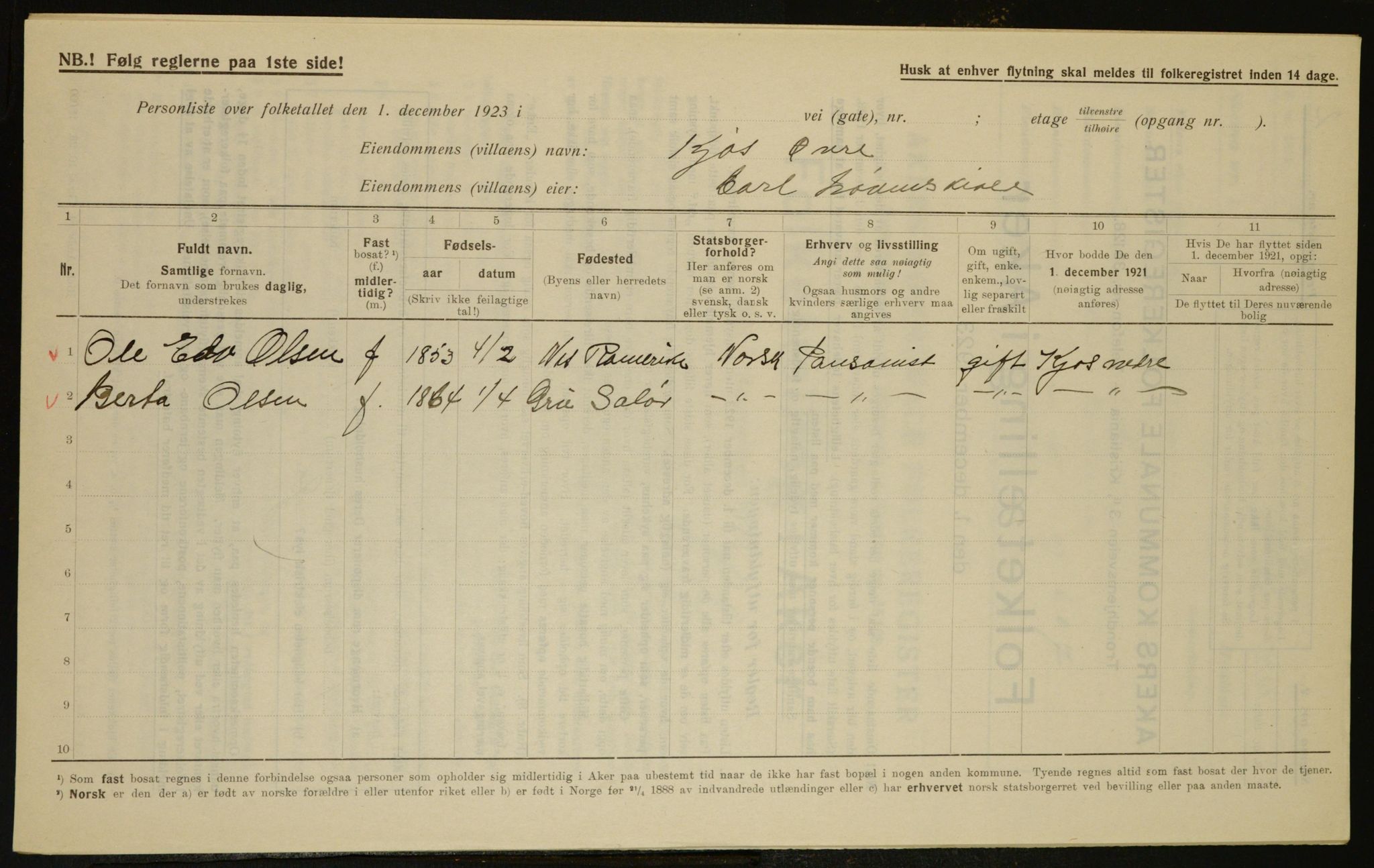 , Municipal Census 1923 for Aker, 1923, p. 6630