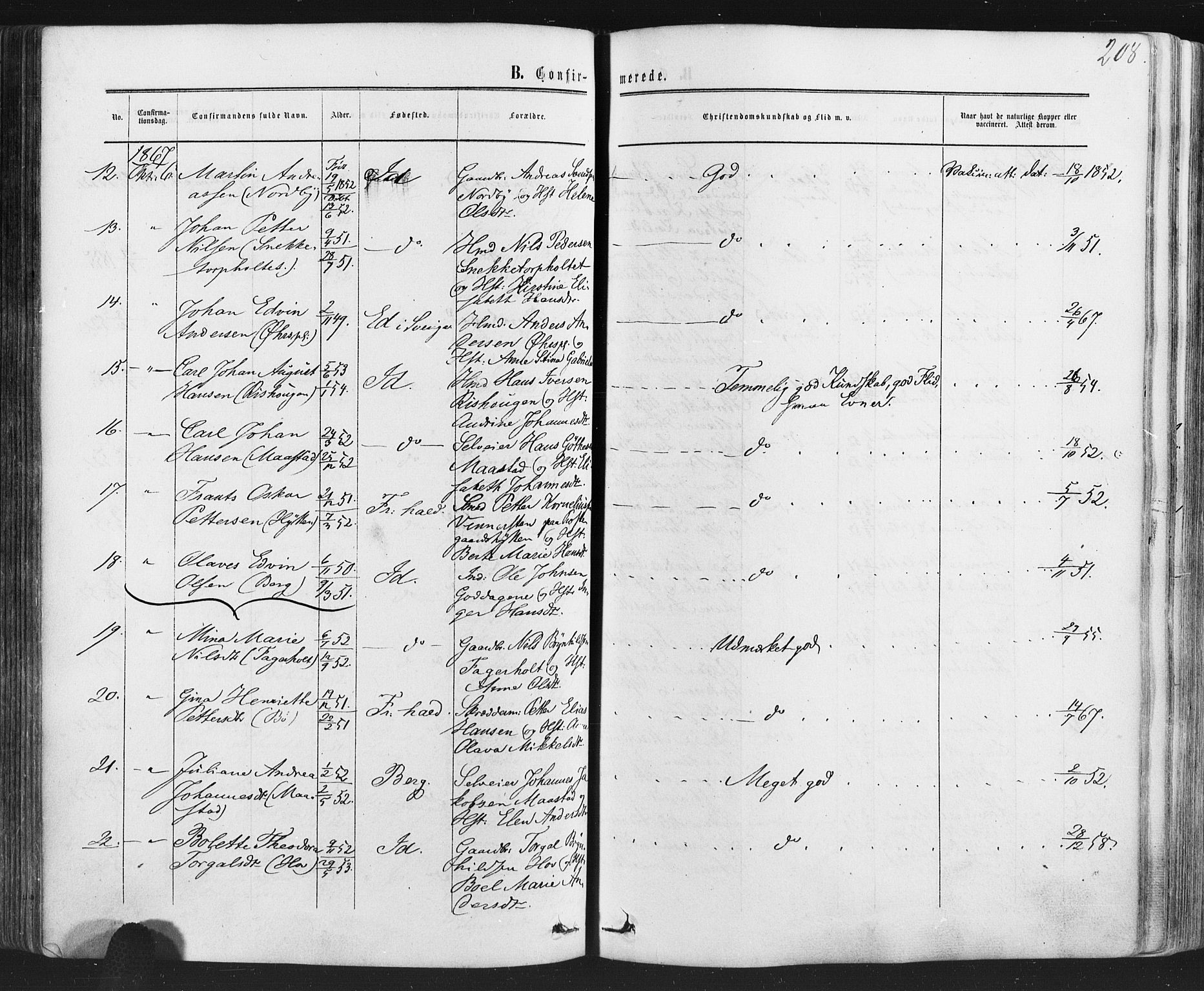 Idd prestekontor Kirkebøker, AV/SAO-A-10911/F/Fc/L0005: Parish register (official) no. III 5, 1861-1877, p. 208