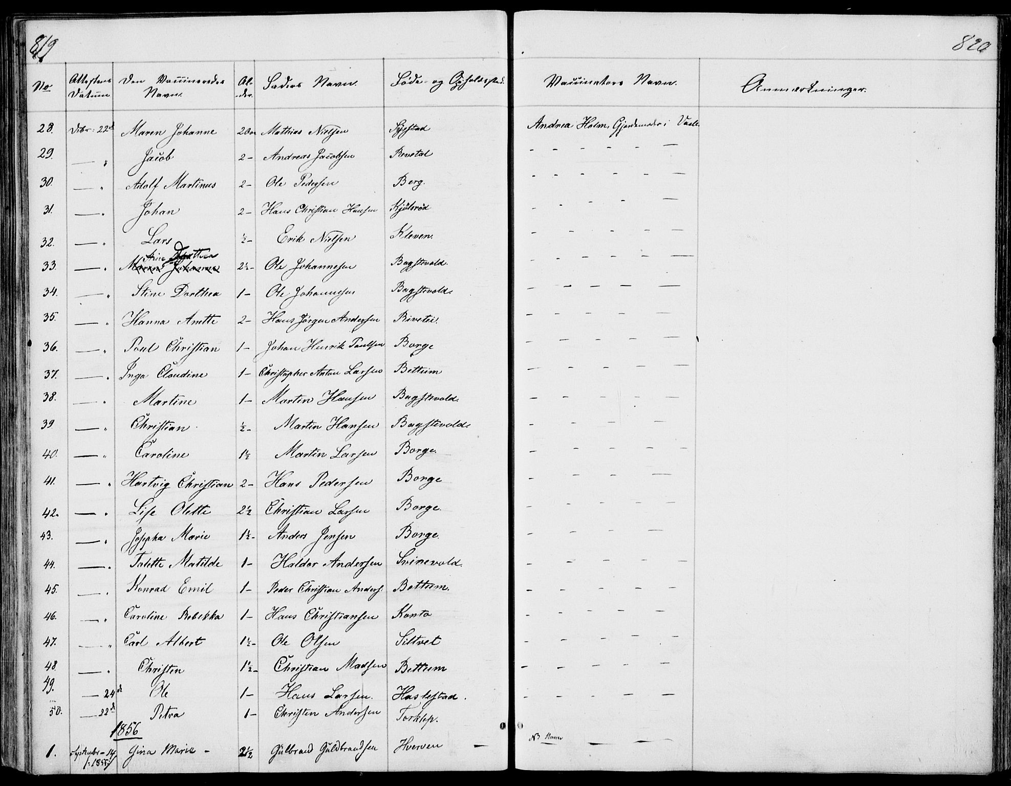Våle kirkebøker, SAKO/A-334/F/Fa/L0009b: Parish register (official) no. I 9B, 1841-1860, p. 819-820