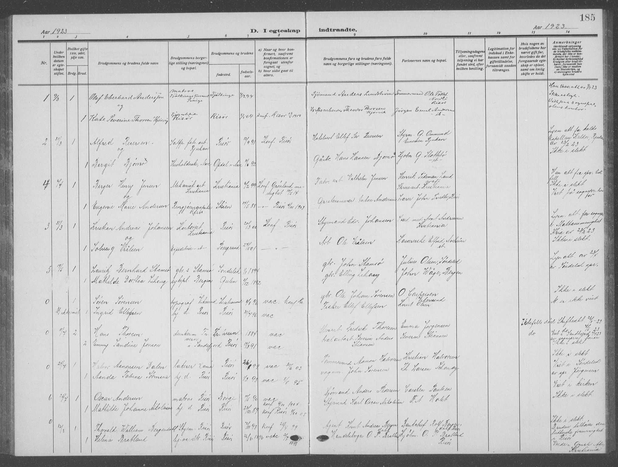 Risør sokneprestkontor, SAK/1111-0035/F/Fb/L0009: Parish register (copy) no. B 9, 1922-1939, p. 185