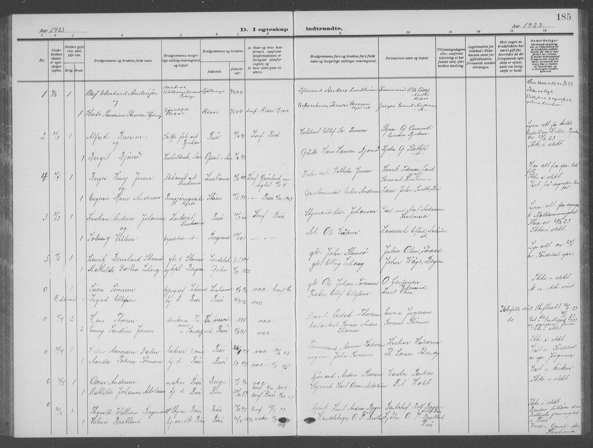 Risør sokneprestkontor, AV/SAK-1111-0035/F/Fb/L0009: Parish register (copy) no. B 9, 1922-1939, p. 185