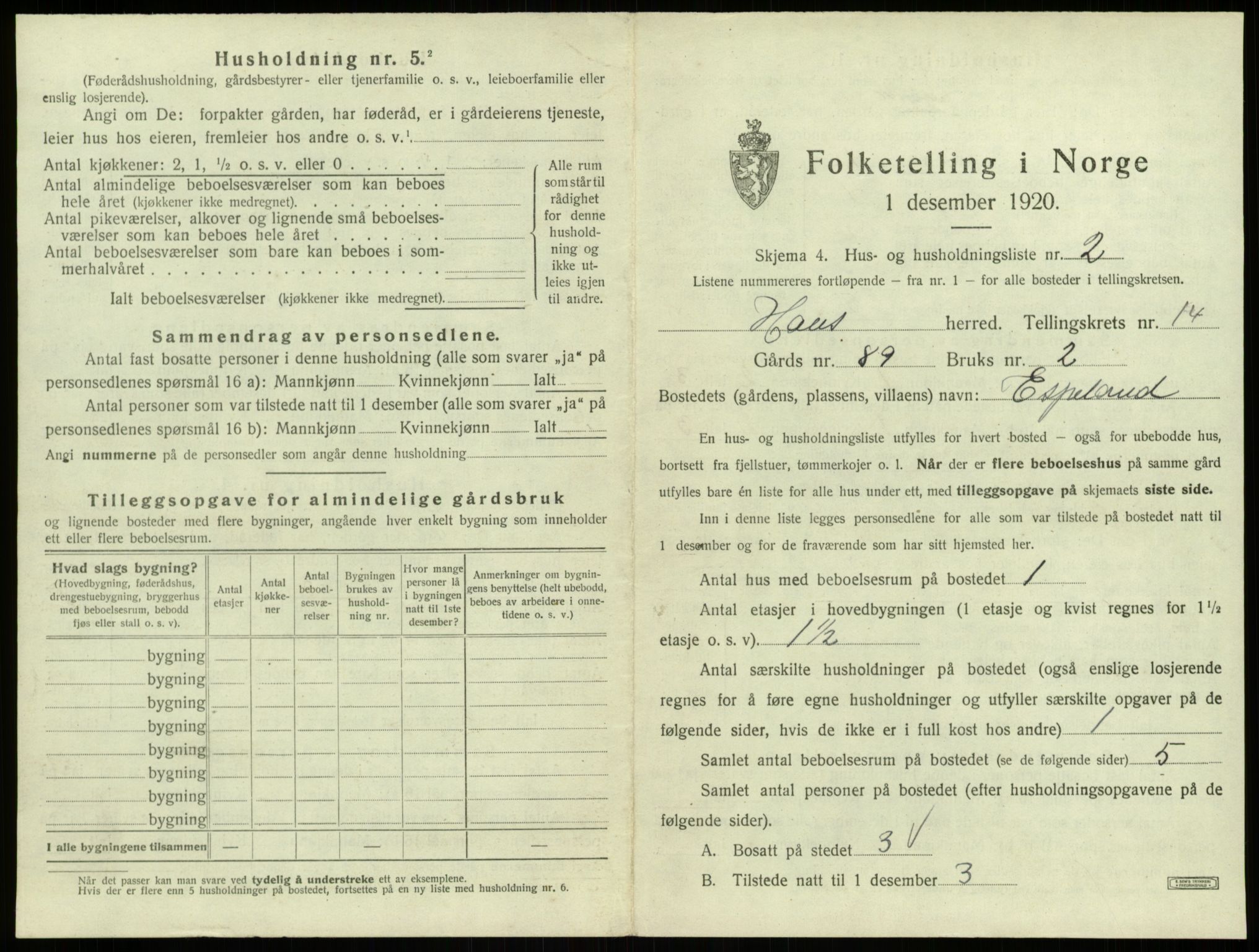 SAB, 1920 census for Haus, 1920, p. 1138