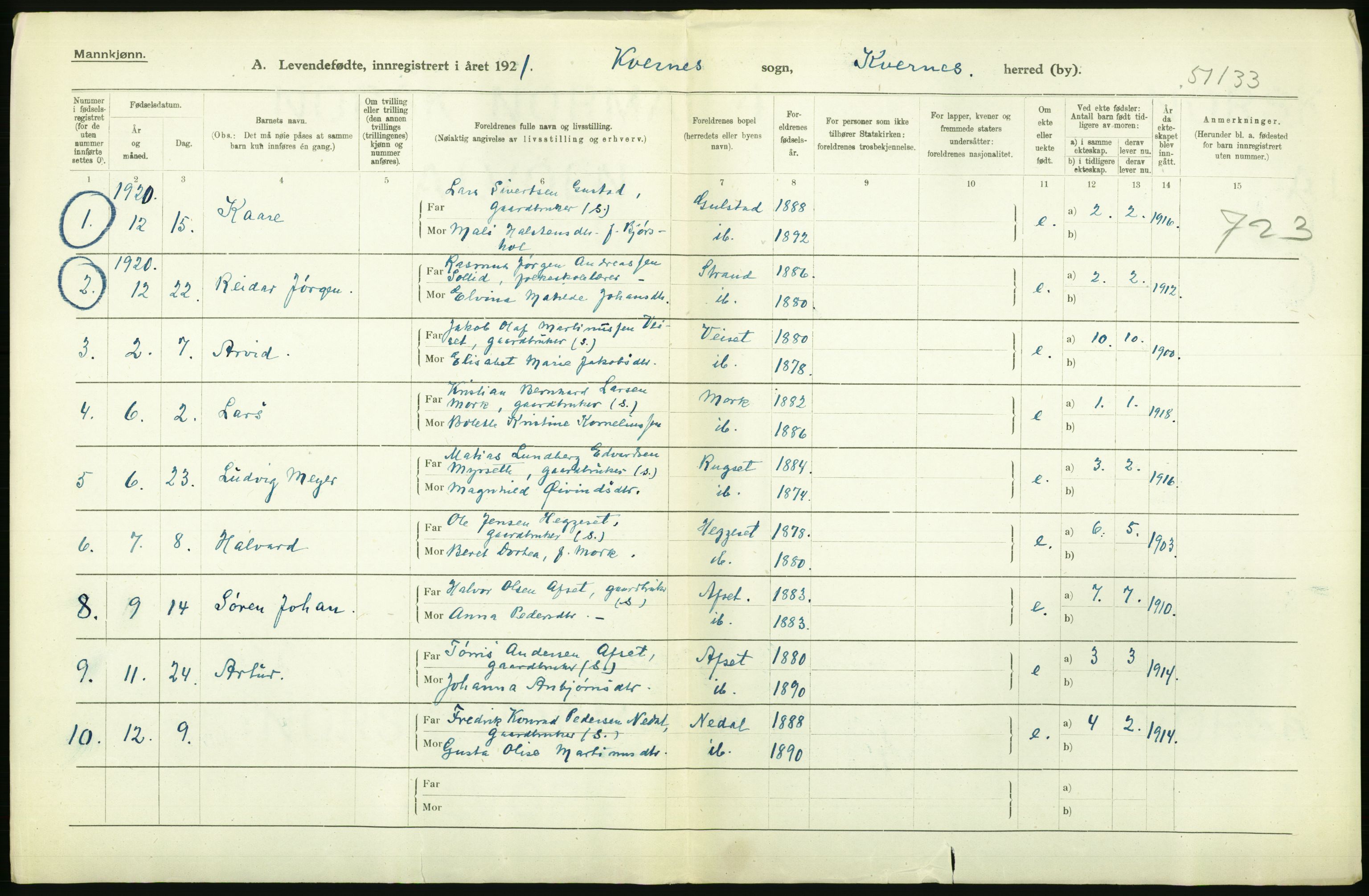 Statistisk sentralbyrå, Sosiodemografiske emner, Befolkning, RA/S-2228/D/Df/Dfc/Dfca/L0040: Møre fylke: Levendefødte menn og kvinner. Bygder., 1921, p. 528