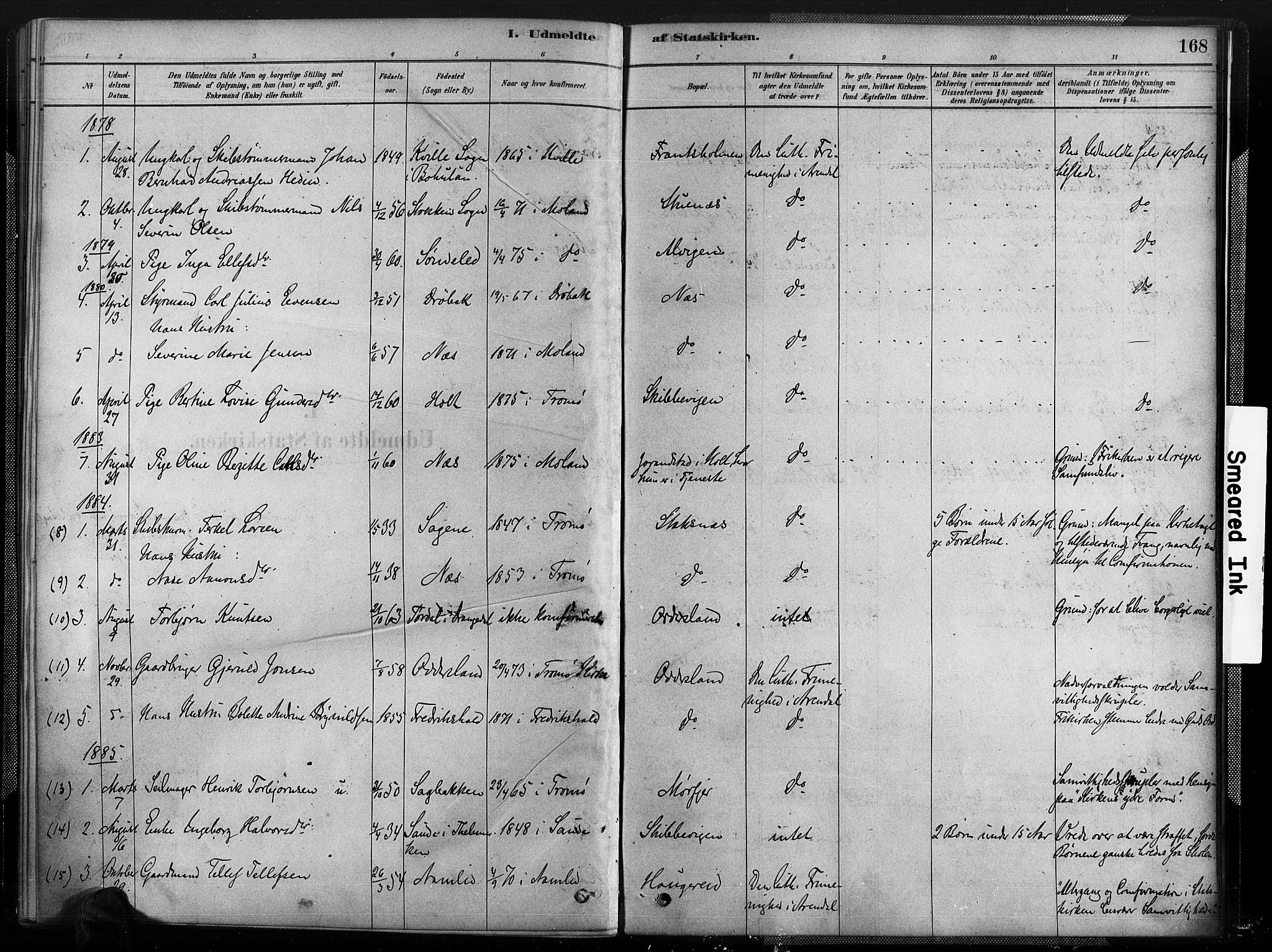 Austre Moland sokneprestkontor, SAK/1111-0001/F/Fa/Fab/L0001: Parish register (official) no. A 1, 1878-1898, p. 168
