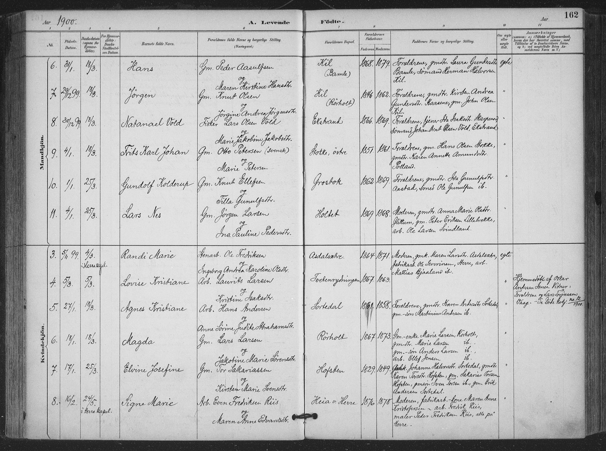 Bamble kirkebøker, SAKO/A-253/F/Fa/L0008: Parish register (official) no. I 8, 1888-1900, p. 162