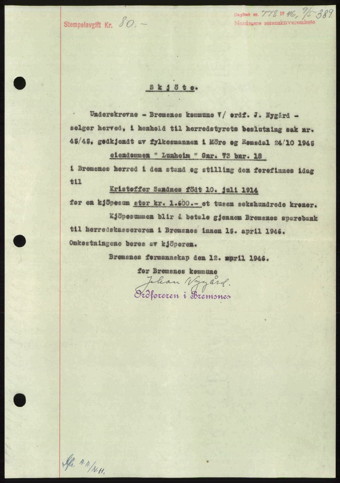 Nordmøre sorenskriveri, AV/SAT-A-4132/1/2/2Ca: Mortgage book no. A101, 1946-1946, Diary no: : 778/1946