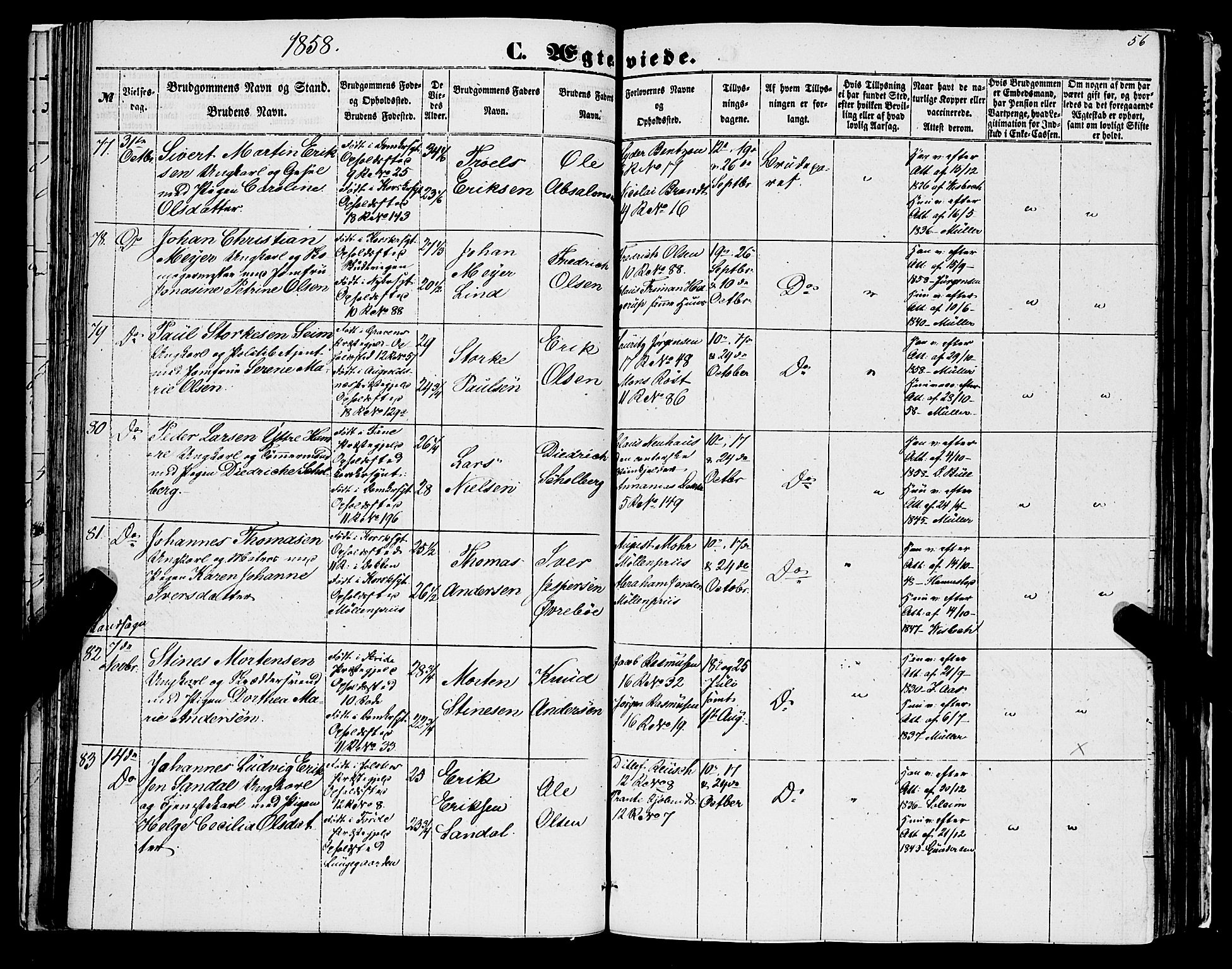 Domkirken sokneprestembete, AV/SAB-A-74801/H/Haa/L0034: Parish register (official) no. D 2, 1853-1874, p. 56