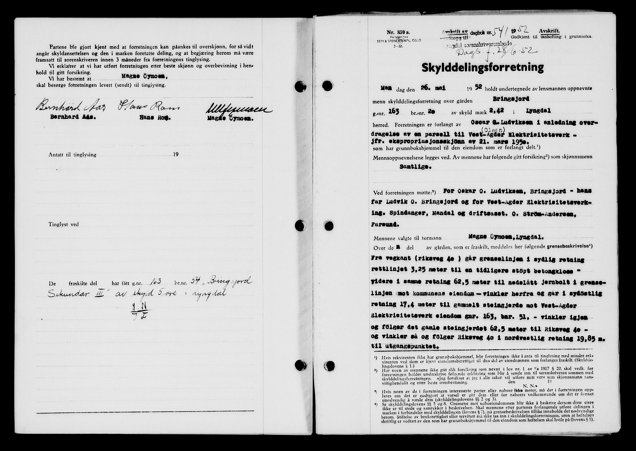 Lyngdal sorenskriveri, AV/SAK-1221-0004/G/Gb/L0667: Mortgage book no. A XIII, 1951-1952, Diary no: : 541/1952