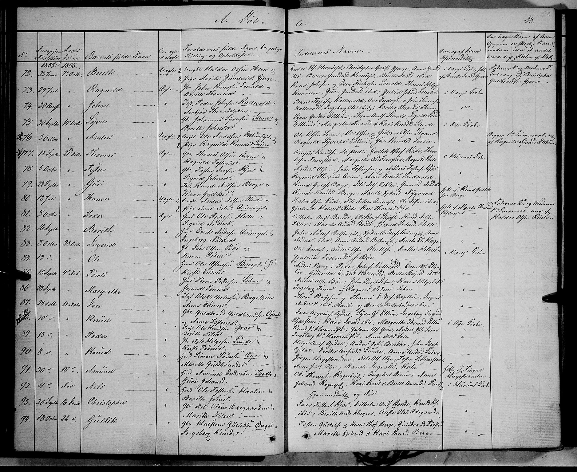 Vang prestekontor, Valdres, AV/SAH-PREST-140/H/Ha/L0006: Parish register (official) no. 6, 1846-1864, p. 43