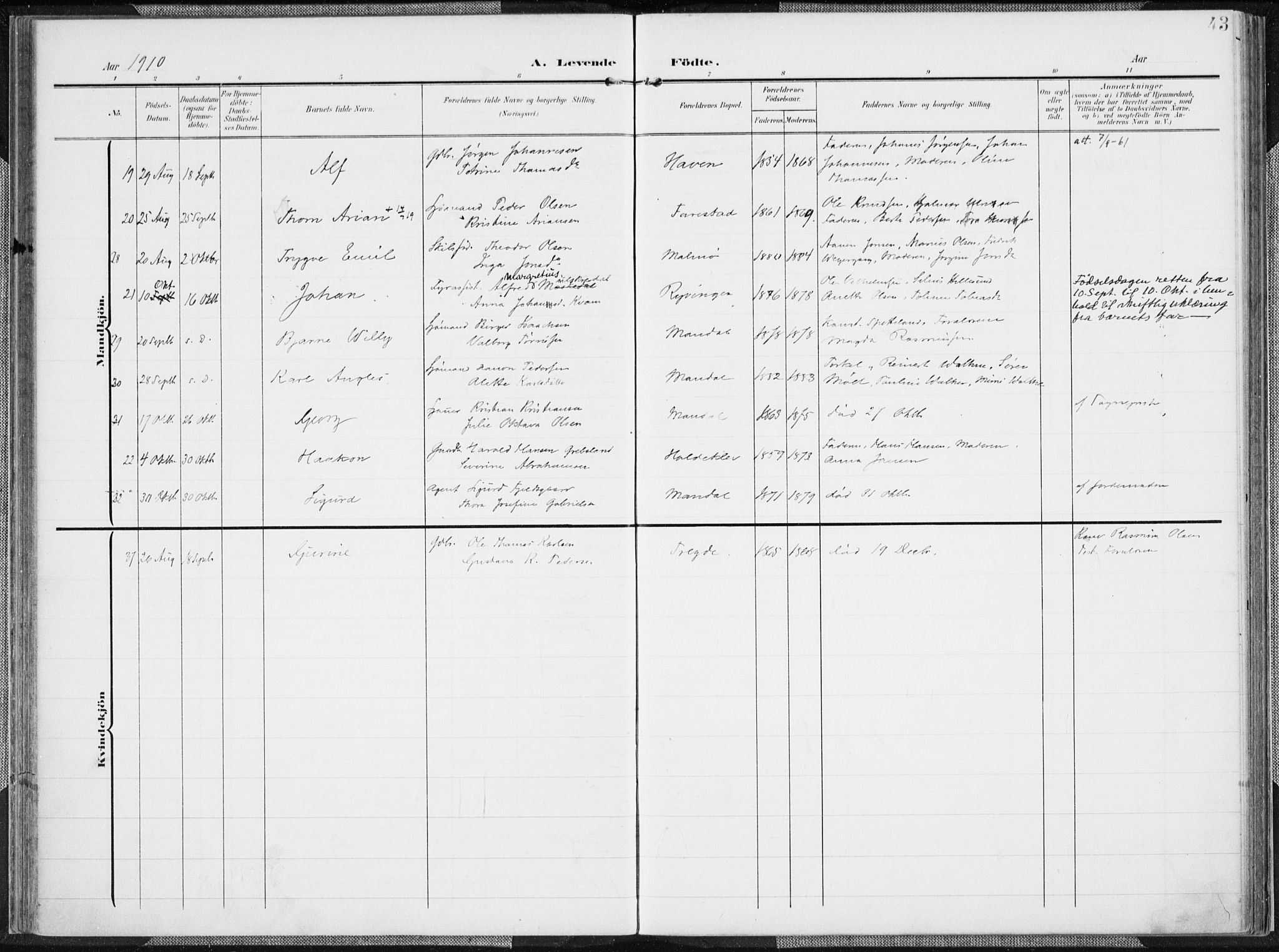 Mandal sokneprestkontor, AV/SAK-1111-0030/F/Fa/Faa/L0020: Parish register (official) no. A 20, 1906-1912, p. 43