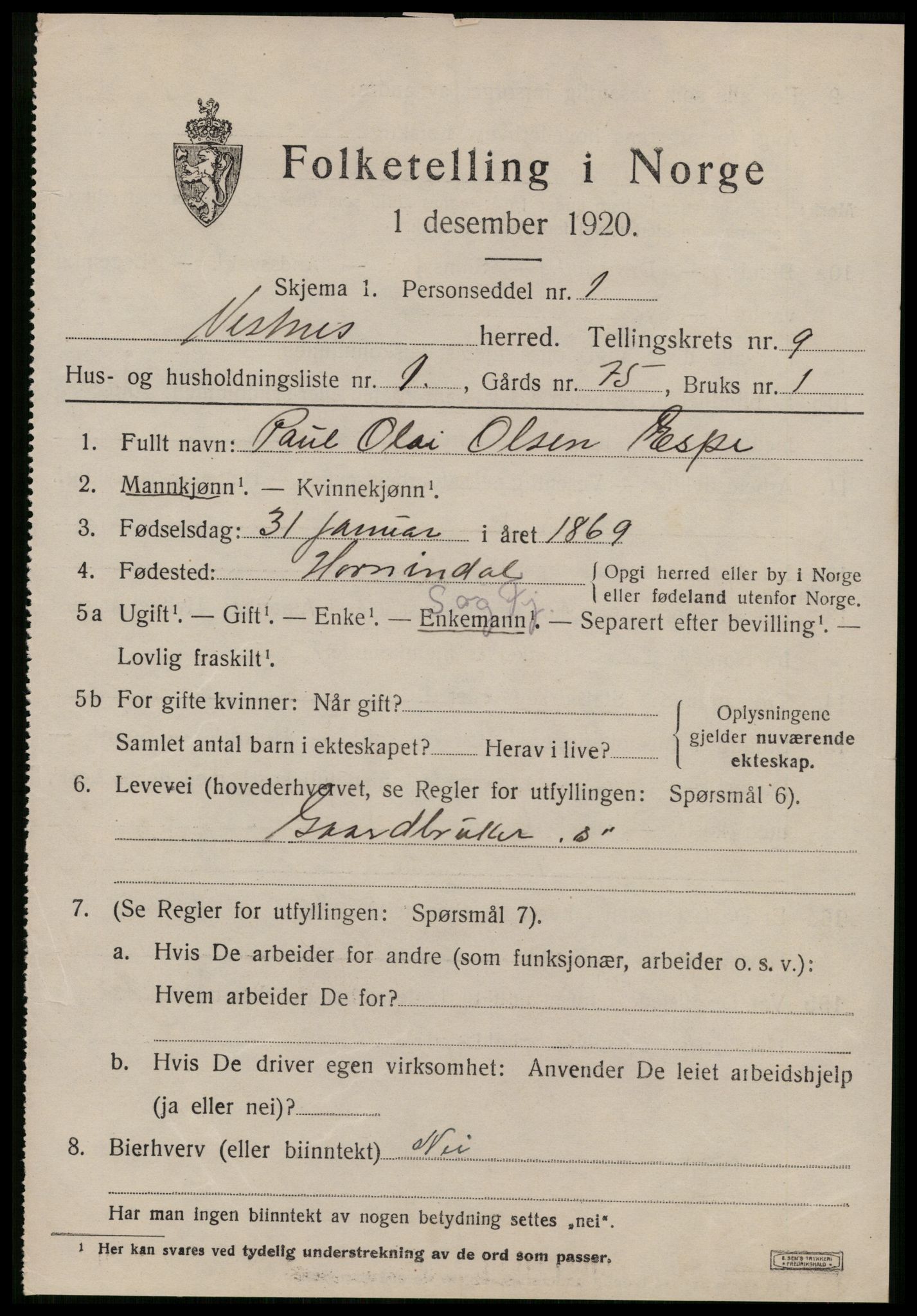 SAT, 1920 census for Vestnes, 1920, p. 5969