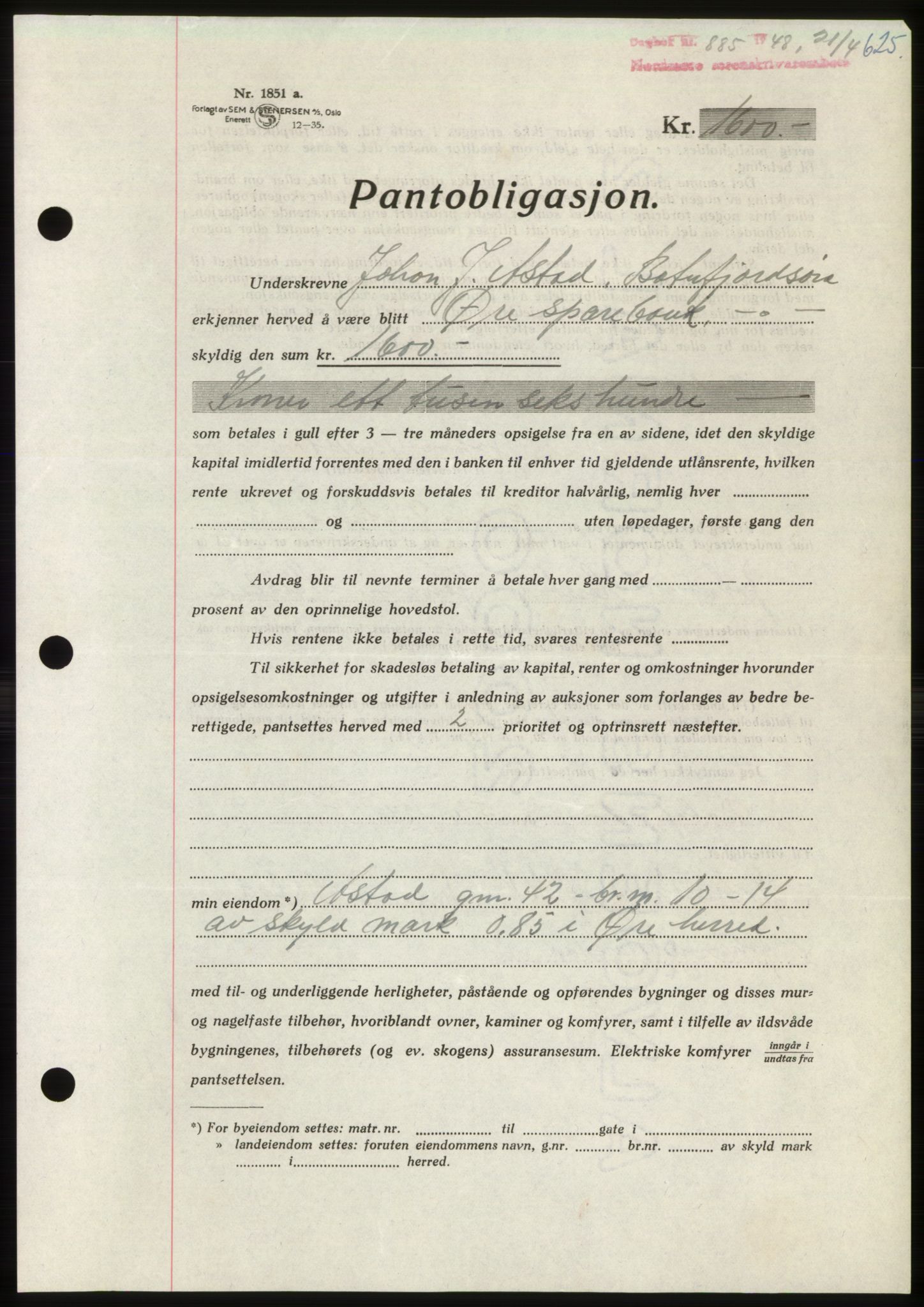 Nordmøre sorenskriveri, AV/SAT-A-4132/1/2/2Ca: Mortgage book no. B98, 1948-1948, Diary no: : 885/1948