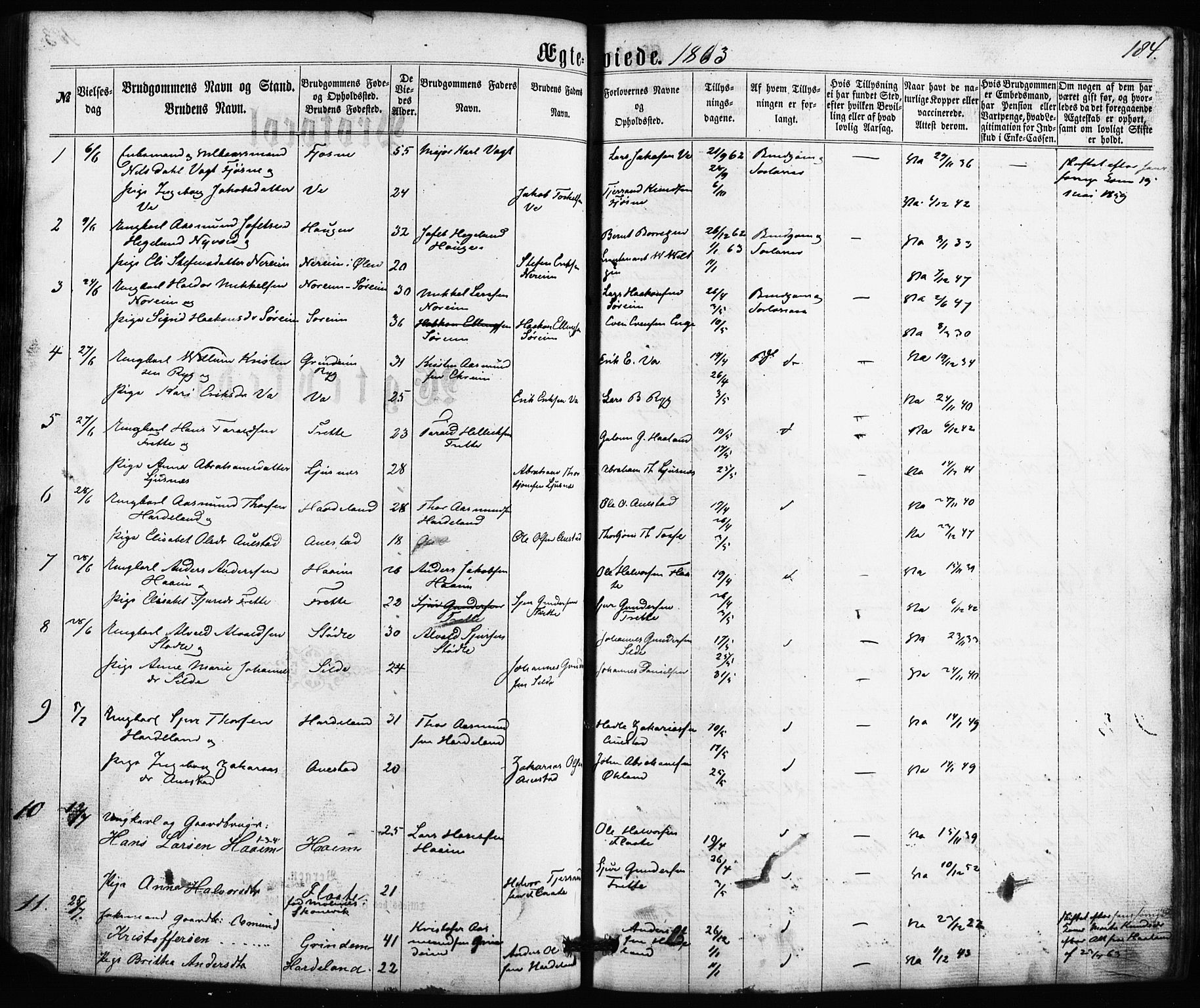 Etne sokneprestembete, SAB/A-75001/H/Haa: Parish register (official) no. A 9, 1862-1878, p. 184