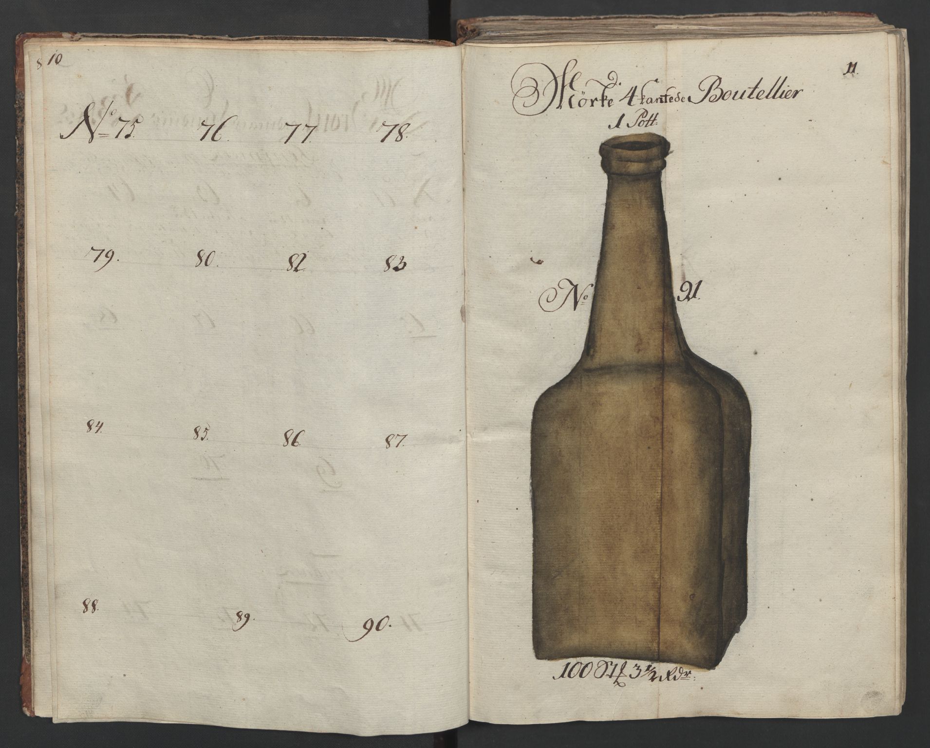 Glassverk, samlinger, AV/RA-PA-0001/F/Fa/L0036: Modellbok for Nøstetangens og Aas' produkter med prisangivelse,, 1763, p. 10-11