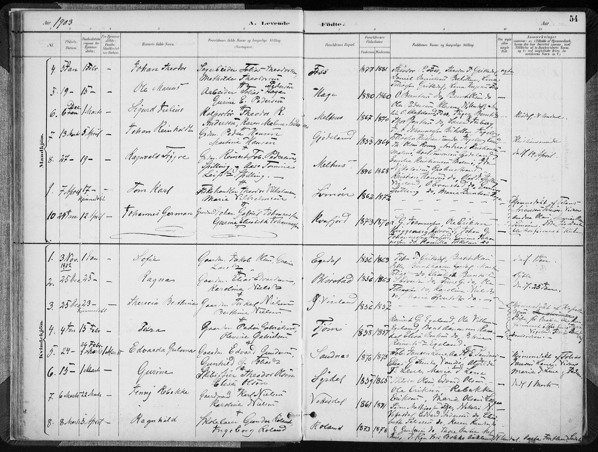 Sør-Audnedal sokneprestkontor, AV/SAK-1111-0039/F/Fa/Fab/L0010: Parish register (official) no. A 10, 1892-1913, p. 54