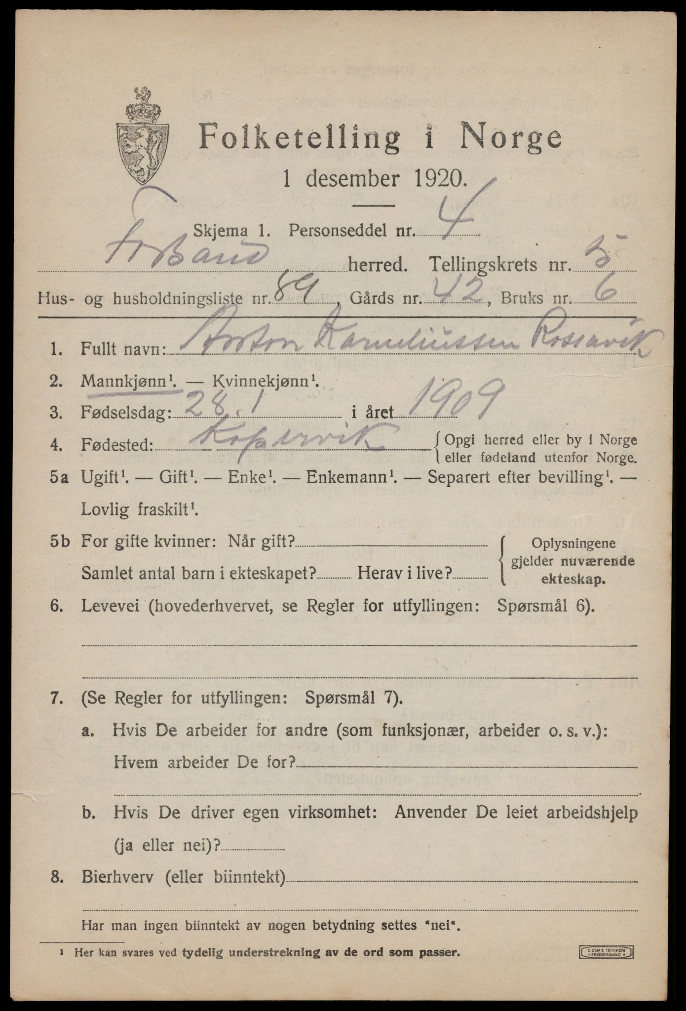 SAST, 1920 census for Forsand, 1920, p. 2759