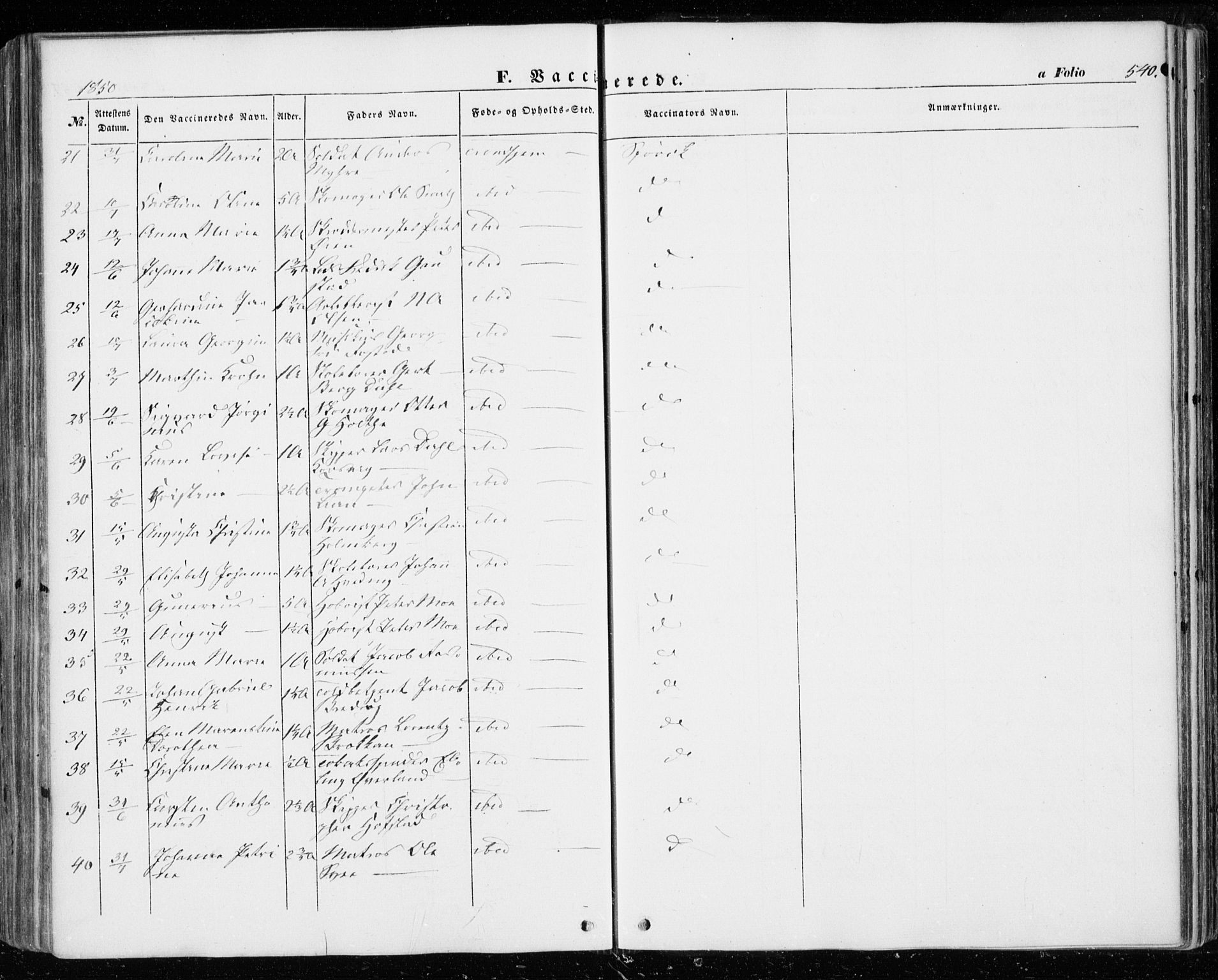 Ministerialprotokoller, klokkerbøker og fødselsregistre - Sør-Trøndelag, SAT/A-1456/601/L0051: Parish register (official) no. 601A19, 1848-1857, p. 540