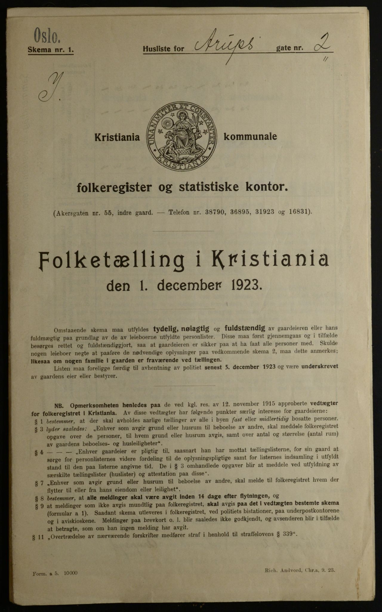 OBA, Municipal Census 1923 for Kristiania, 1923, p. 2784