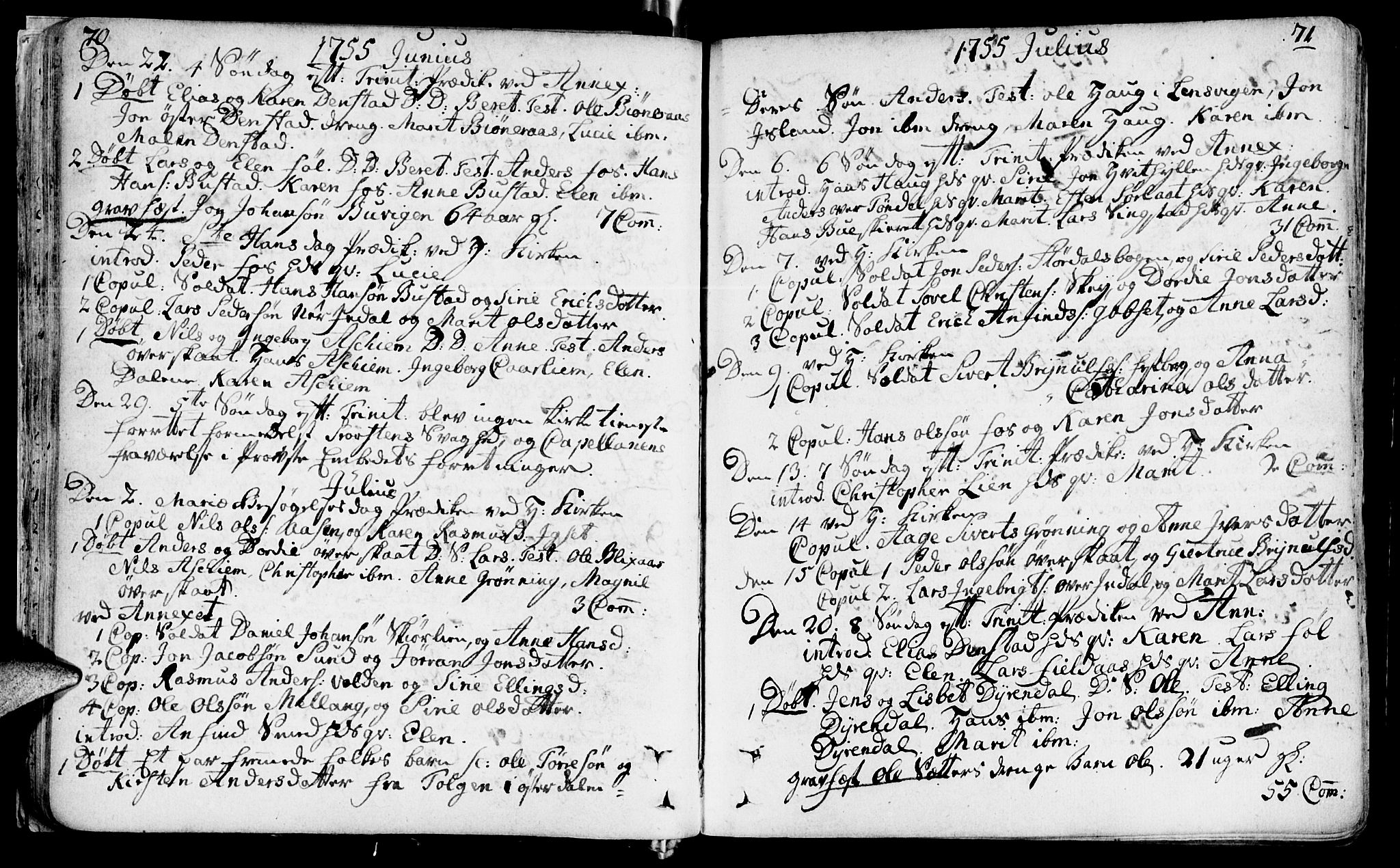 Ministerialprotokoller, klokkerbøker og fødselsregistre - Sør-Trøndelag, SAT/A-1456/646/L0605: Parish register (official) no. 646A03, 1751-1790, p. 70-71