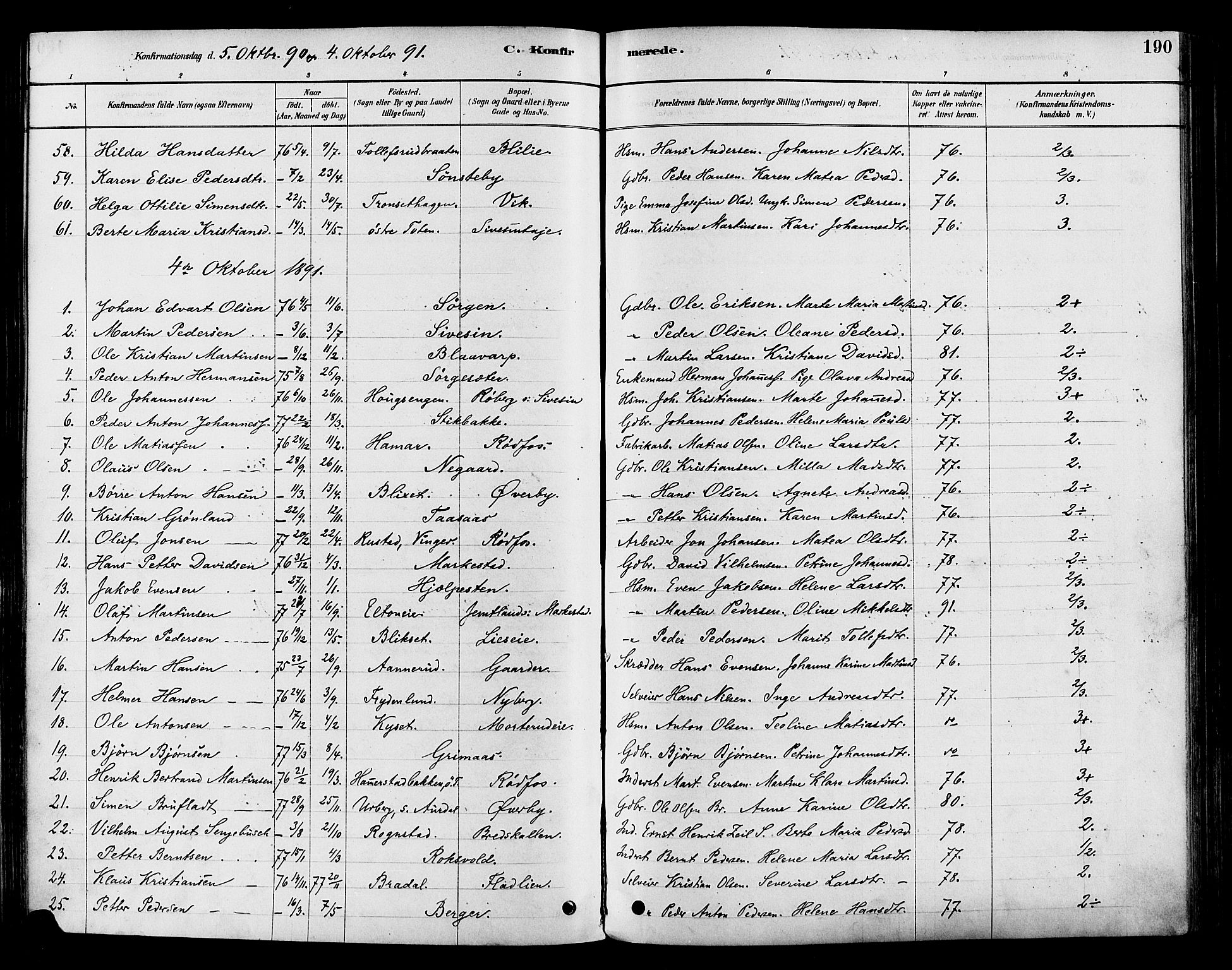 Vestre Toten prestekontor, SAH/PREST-108/H/Ha/Haa/L0009: Parish register (official) no. 9, 1878-1894, p. 190