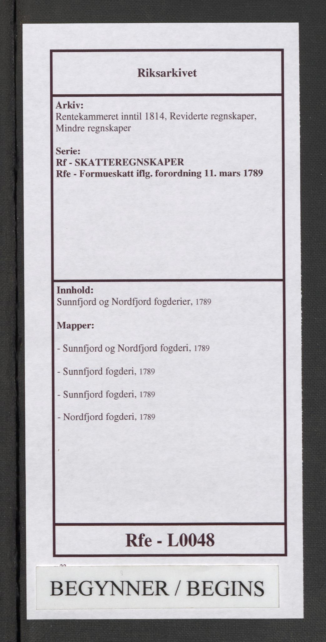 Rentekammeret inntil 1814, Reviderte regnskaper, Mindre regnskaper, AV/RA-EA-4068/Rf/Rfe/L0048: Sunnfjord og Nordfjord fogderier, 1789, p. 1