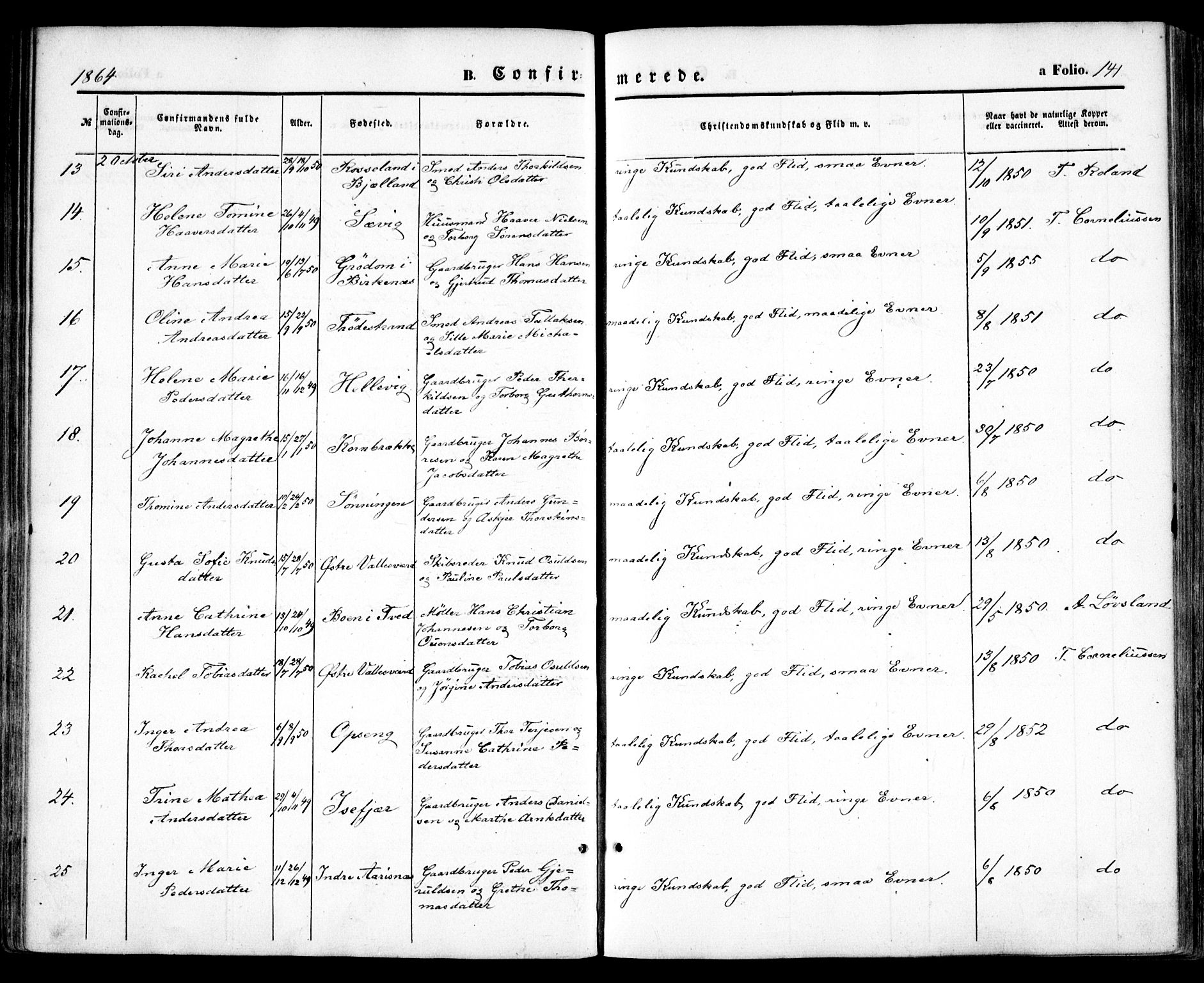 Høvåg sokneprestkontor, SAK/1111-0025/F/Fa/L0004: Parish register (official) no. A 4, 1859-1877, p. 141