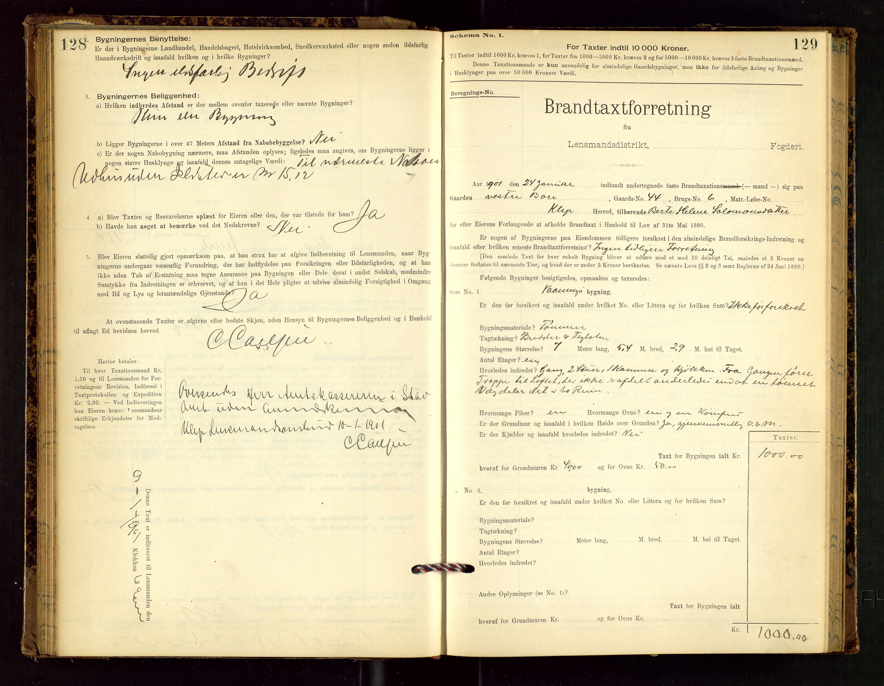 Klepp lensmannskontor, AV/SAST-A-100163/Goc/L0002: "Brandtaxationsprotokol" m/register, 1898-1902, p. 128-129