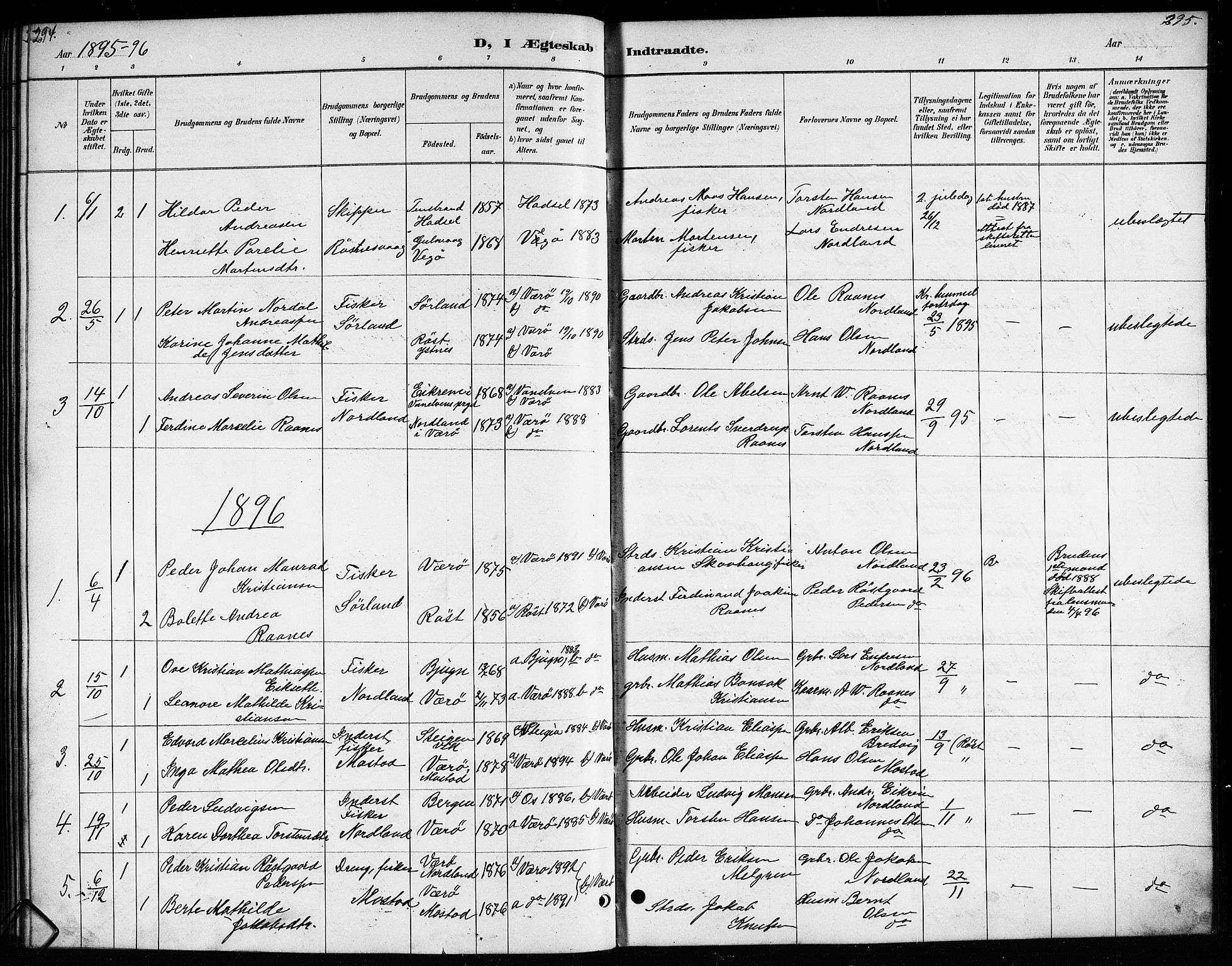 Ministerialprotokoller, klokkerbøker og fødselsregistre - Nordland, SAT/A-1459/807/L0123: Parish register (copy) no. 807C01, 1884-1910, p. 294-295