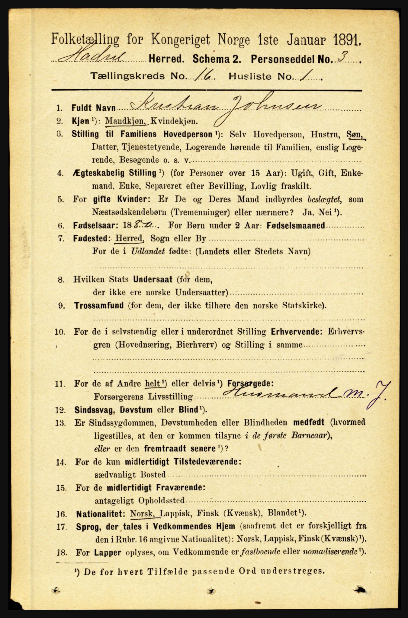 RA, 1891 census for 1866 Hadsel, 1891, p. 7274