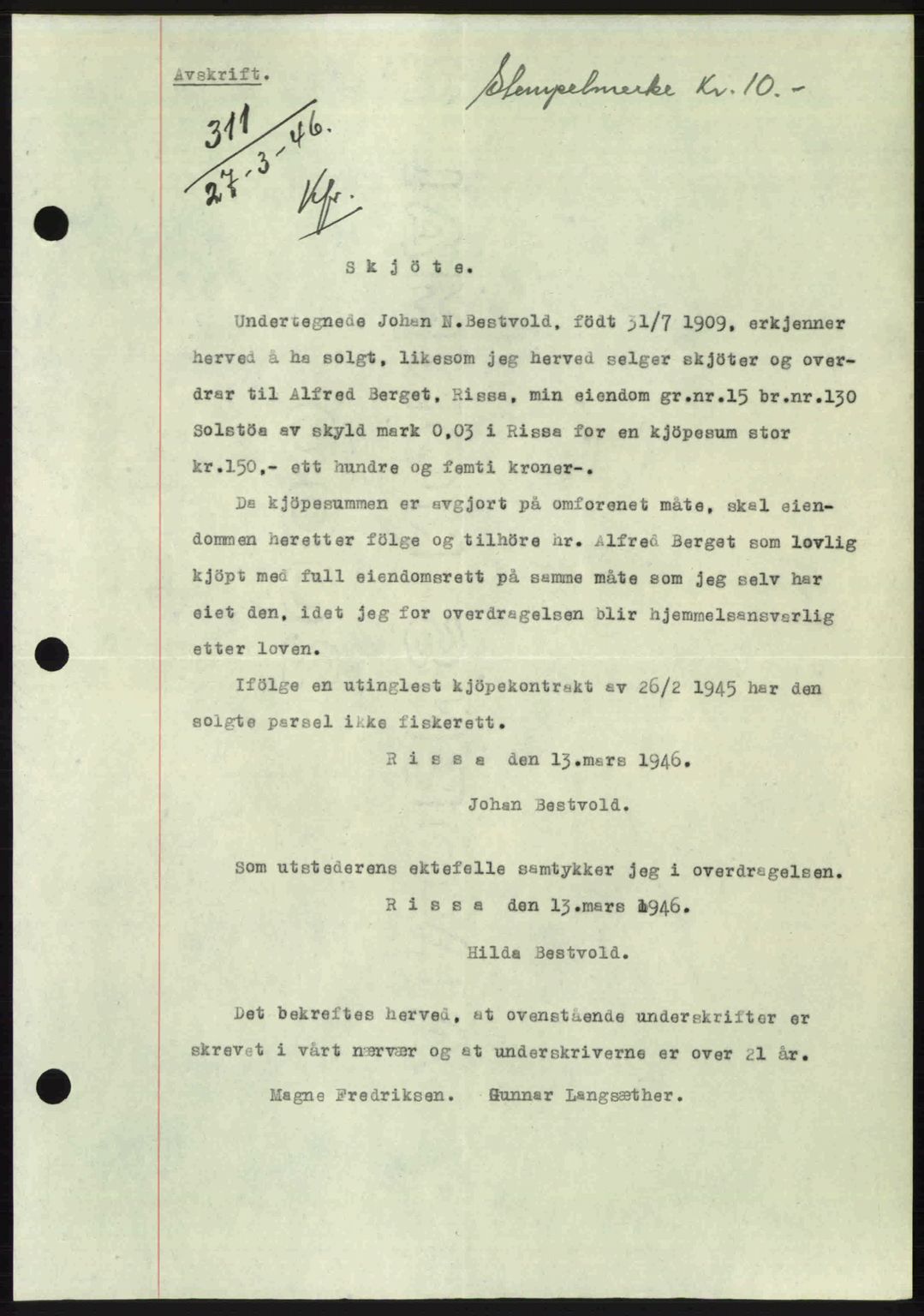 Fosen sorenskriveri, AV/SAT-A-1107/1/2/2C: Mortgage book no. A4-6, 1946-1947, Diary no: : 311/1946