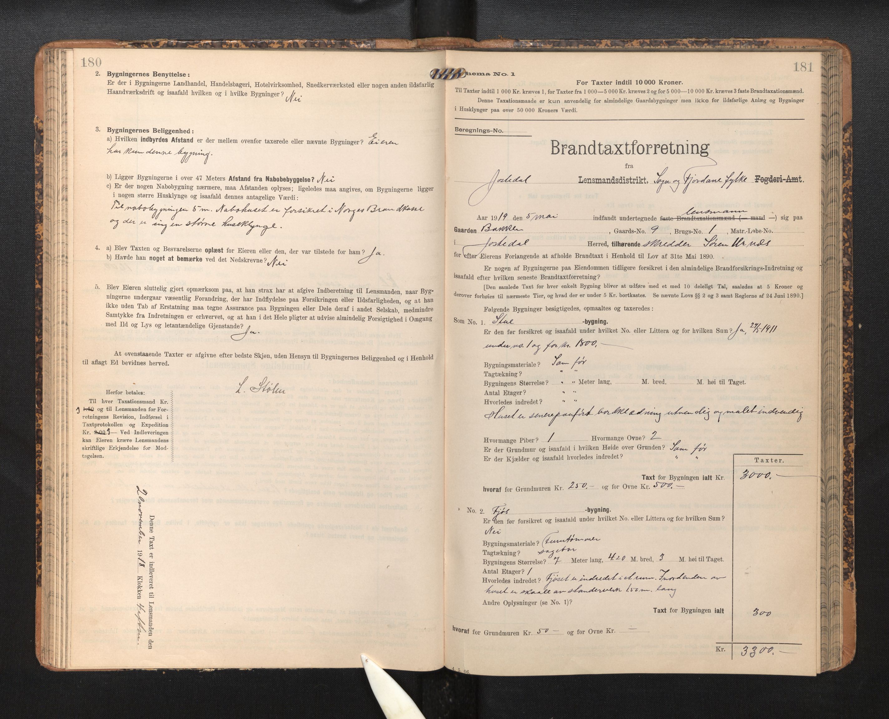 Lensmannen i Jostedal, SAB/A-28601/0012/L0004: Branntakstprotokoll, skjematakst, 1906-1919, p. 180-181