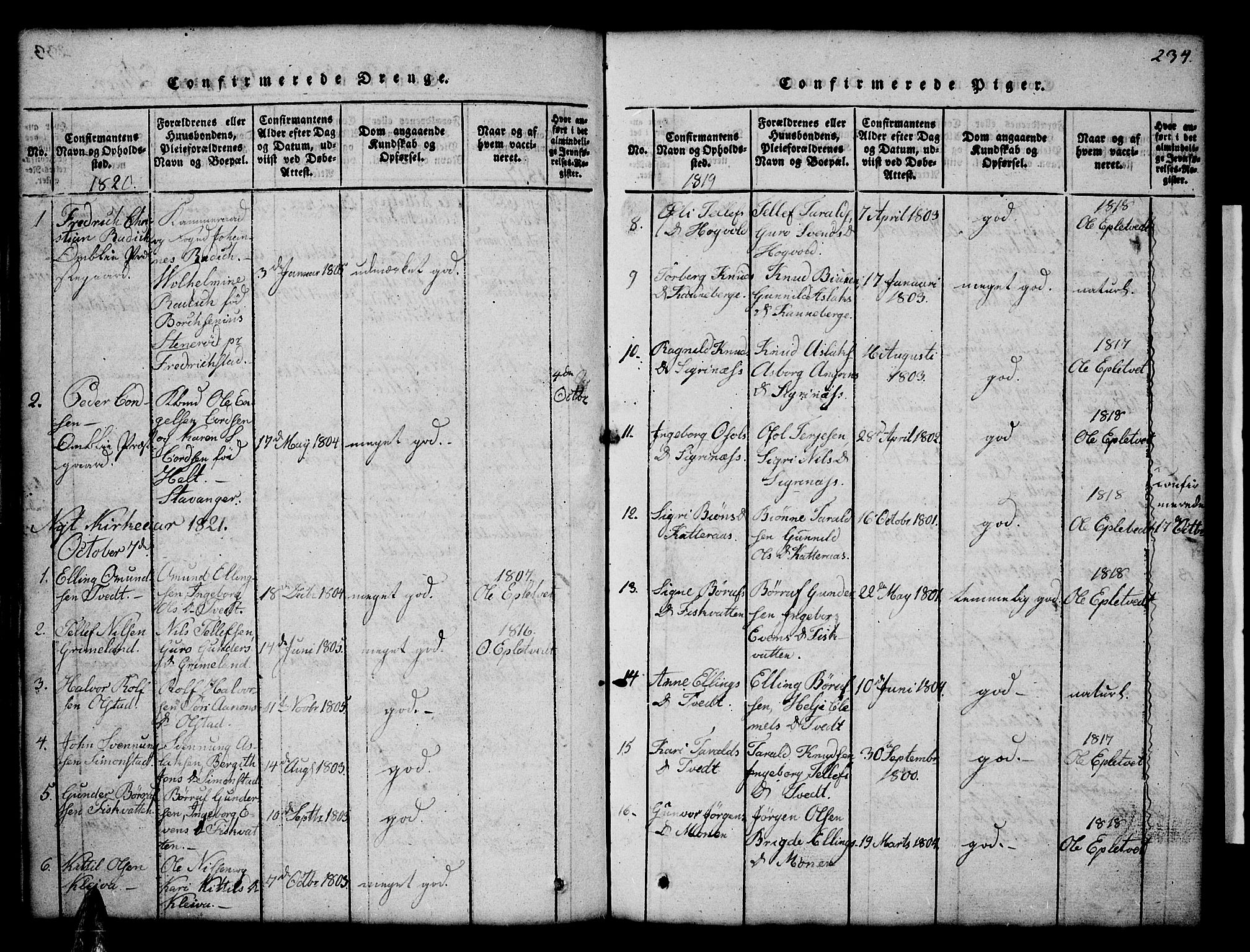Åmli sokneprestkontor, SAK/1111-0050/F/Fb/Fbc/L0001: Parish register (copy) no. B 1, 1816-1867, p. 234