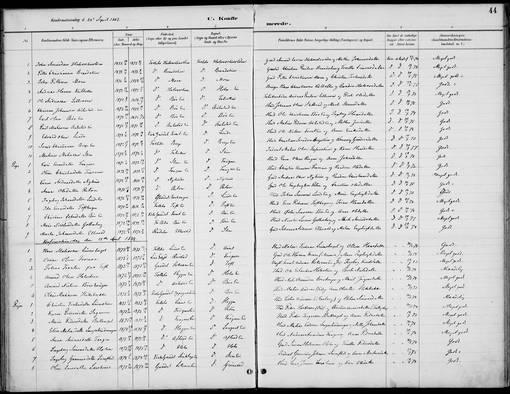 Østre Gausdal prestekontor, AV/SAH-PREST-092/H/Ha/Haa/L0003: Parish register (official) no. 3, 1887-1901, p. 44