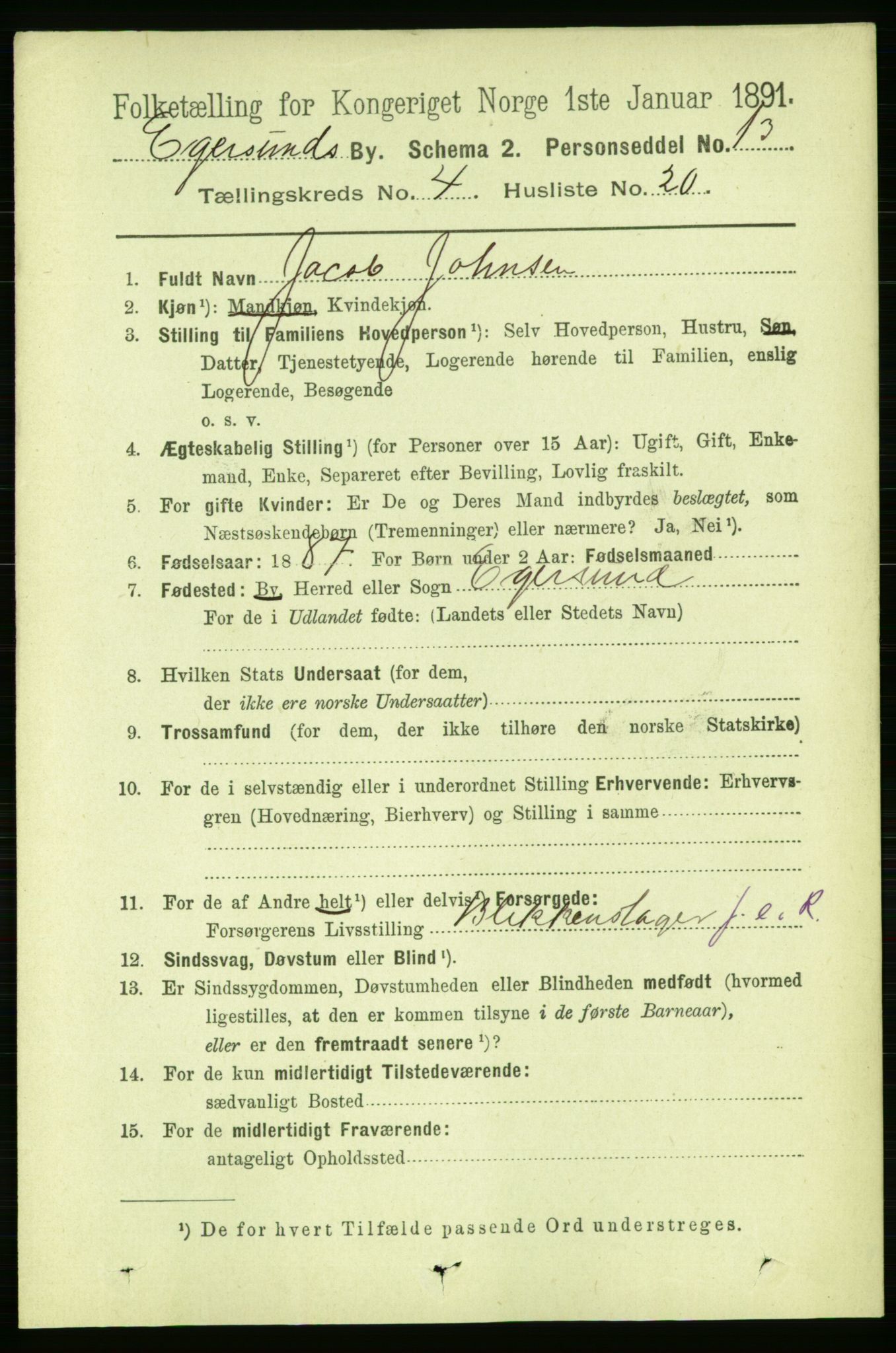 RA, 1891 census for 1101 Egersund, 1891, p. 756