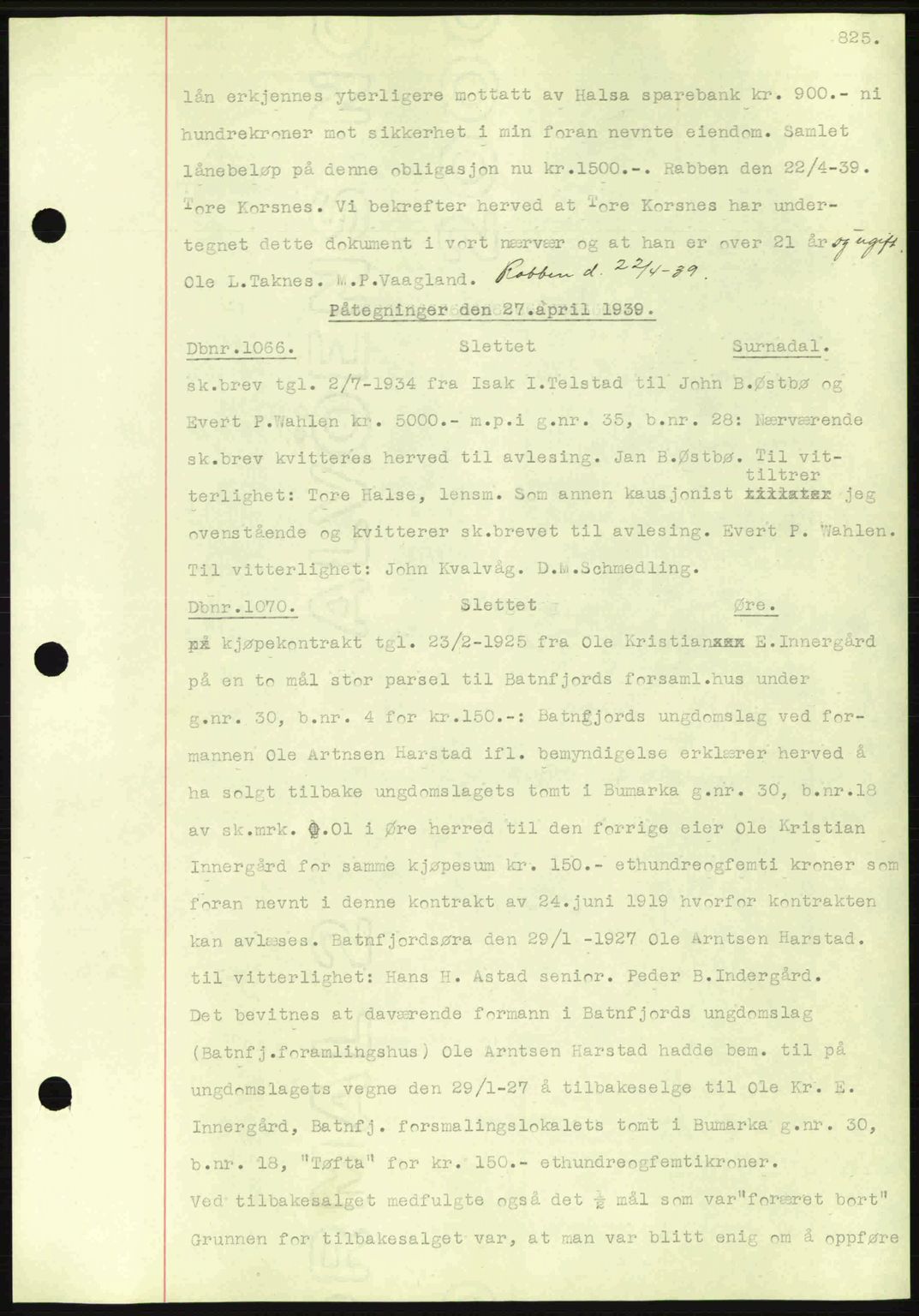 Nordmøre sorenskriveri, AV/SAT-A-4132/1/2/2Ca: Mortgage book no. C80, 1936-1939, Diary no: : 1066/1939