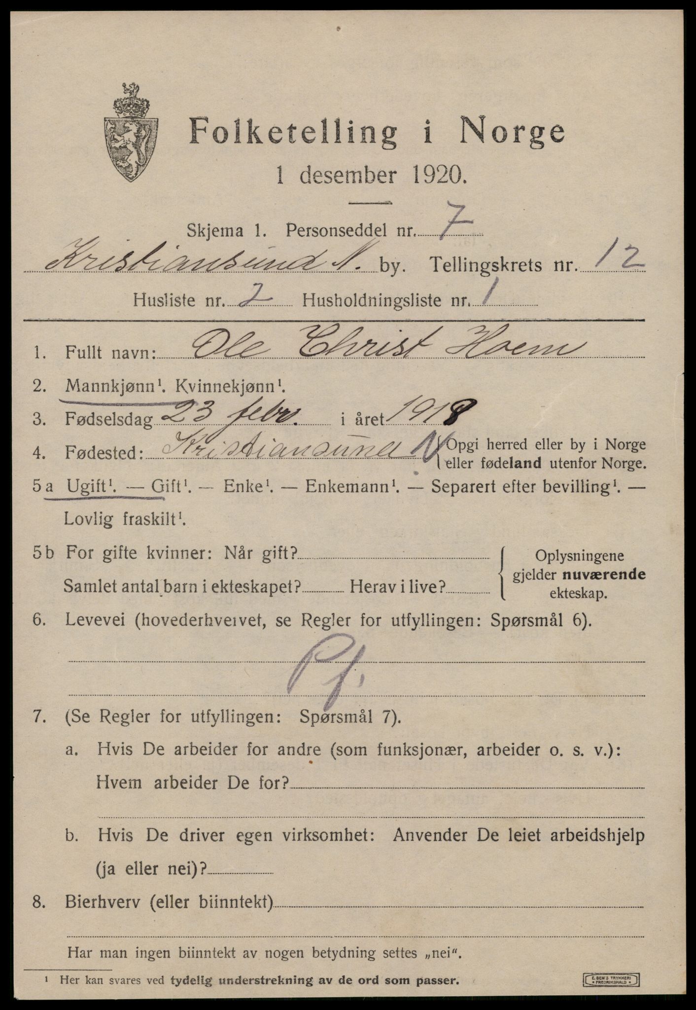 SAT, 1920 census for Kristiansund, 1920, p. 25285