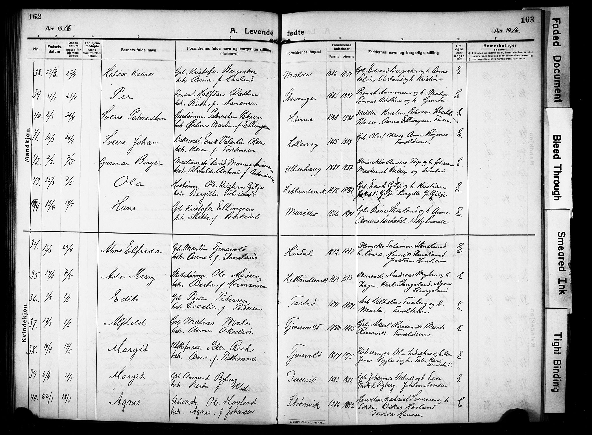 Hetland sokneprestkontor, AV/SAST-A-101826/30/30BB/L0008: Parish register (copy) no. B 8, 1910-1921, p. 162-163