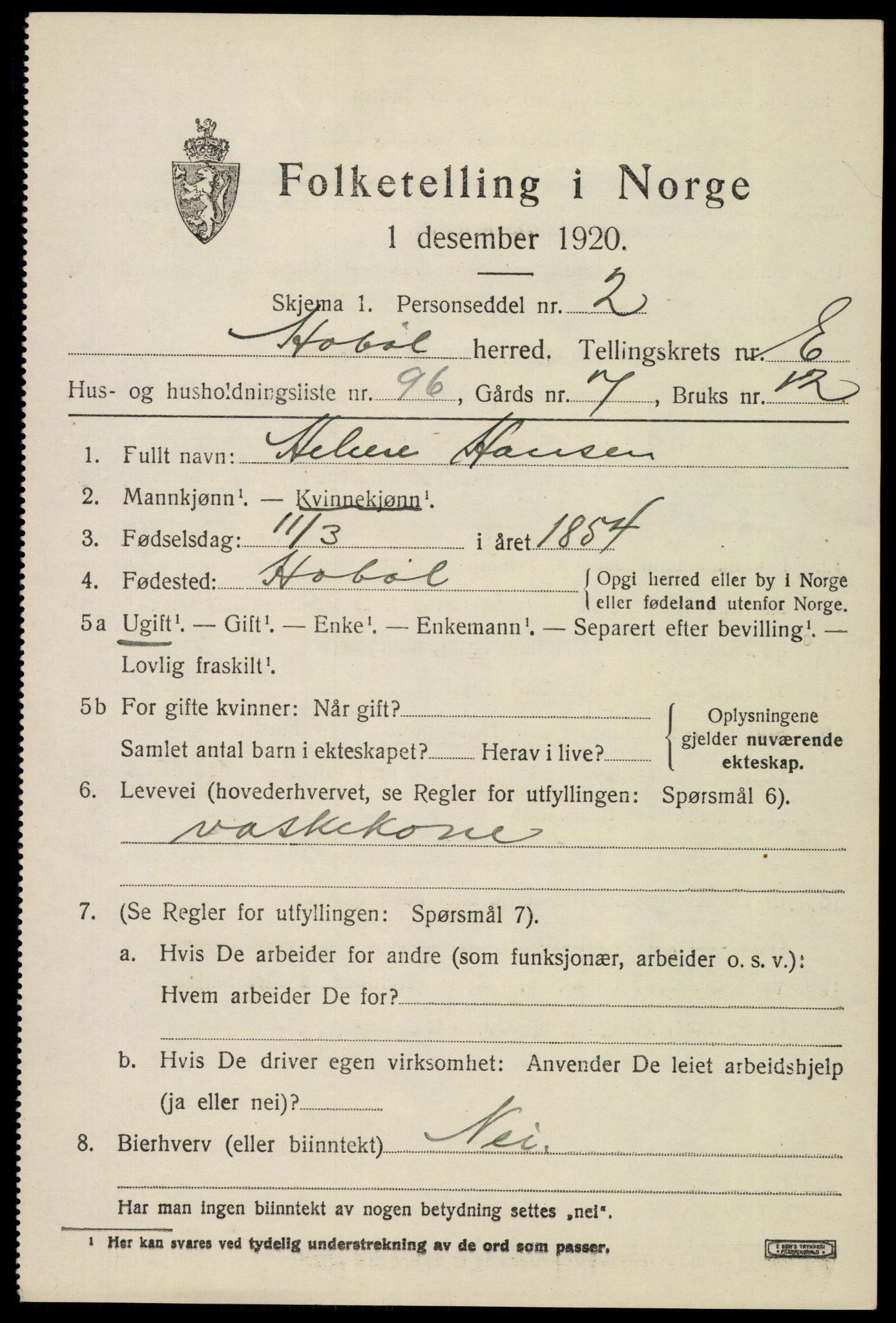 SAO, 1920 census for Hobøl, 1920, p. 5190