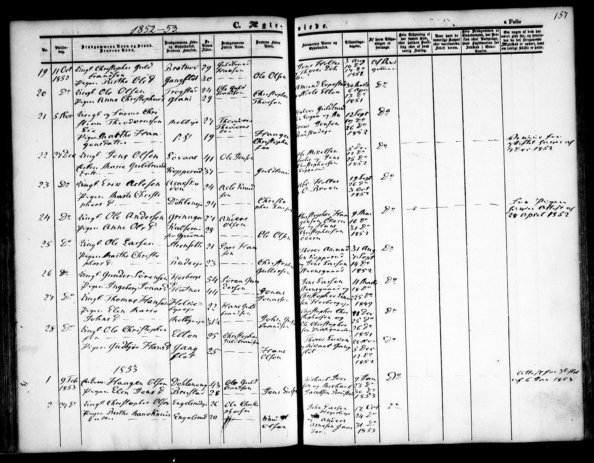 Nannestad prestekontor Kirkebøker, SAO/A-10414a/F/Fa/L0011: Parish register (official) no. I 11, 1850-1859, p. 157