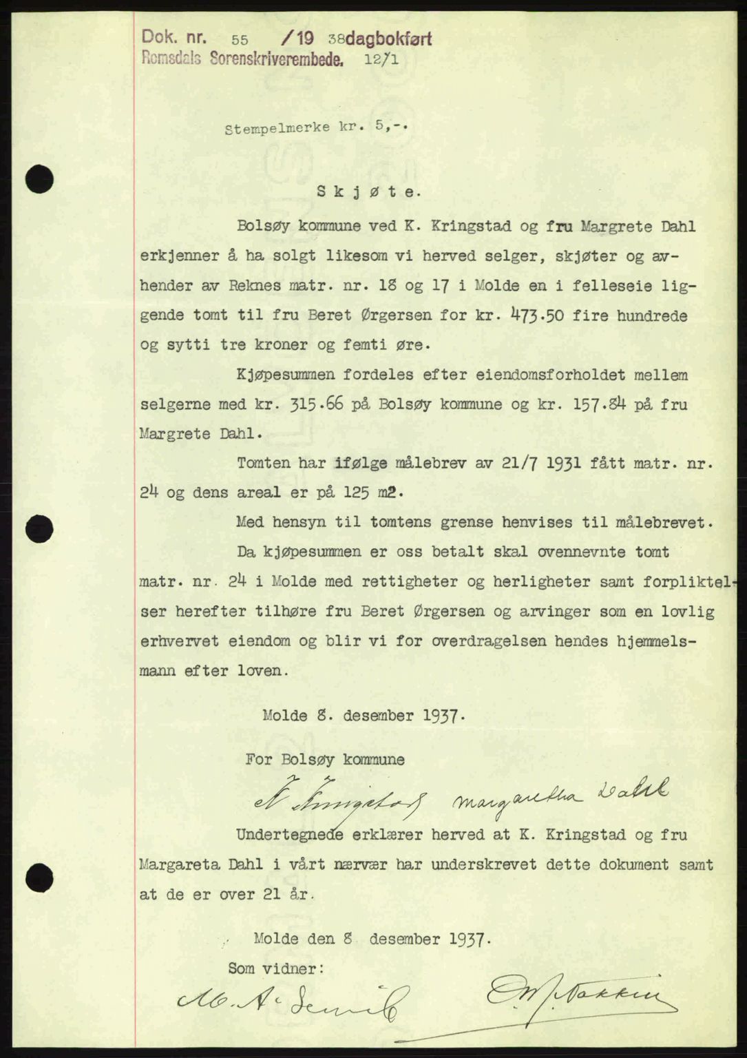 Romsdal sorenskriveri, AV/SAT-A-4149/1/2/2C: Mortgage book no. A4, 1937-1938, Diary no: : 55/1938