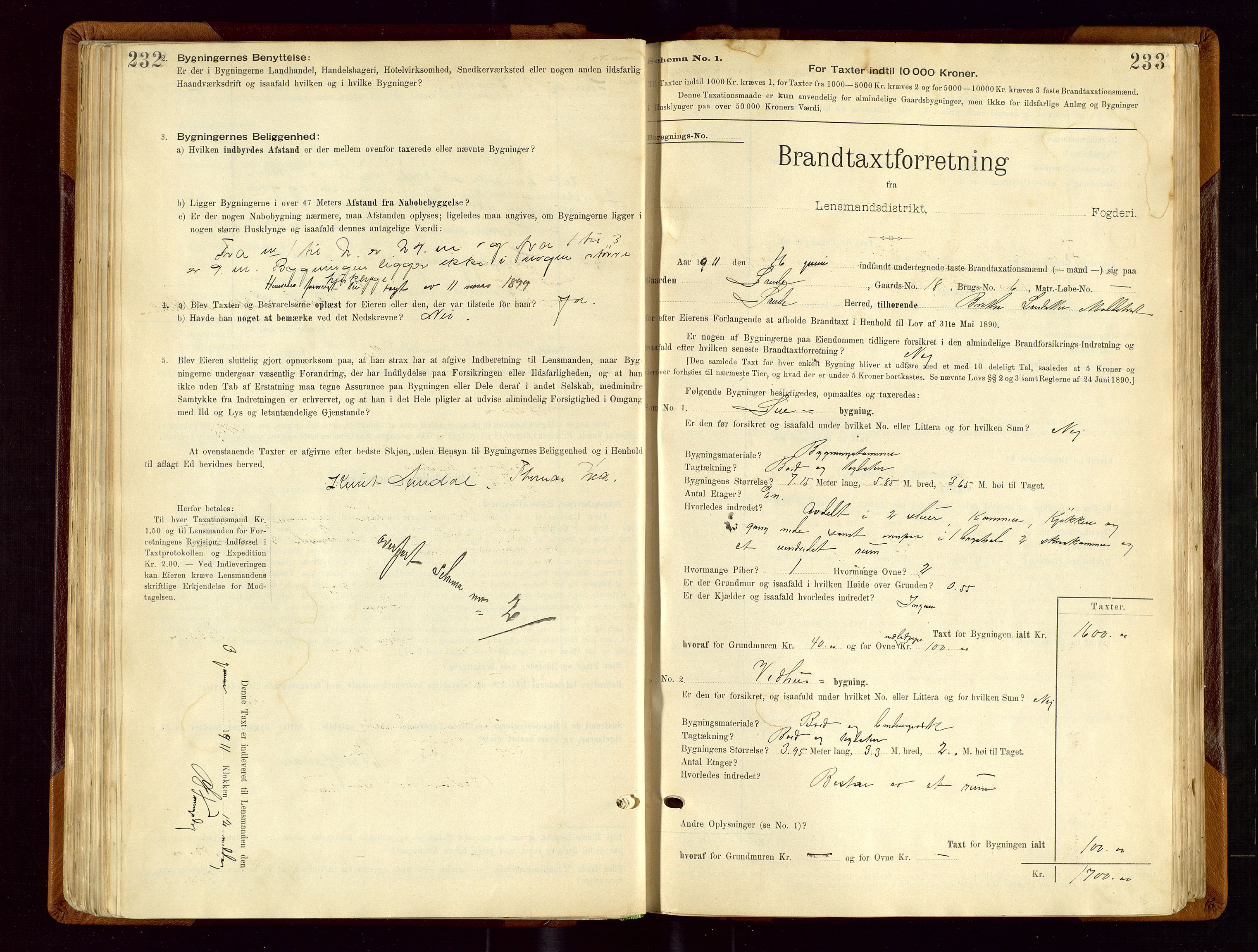 Sauda lensmannskontor, SAST/A-100177/Gob/L0001: Branntakstprotokoll - skjematakst, 1894-1914, p. 232-233